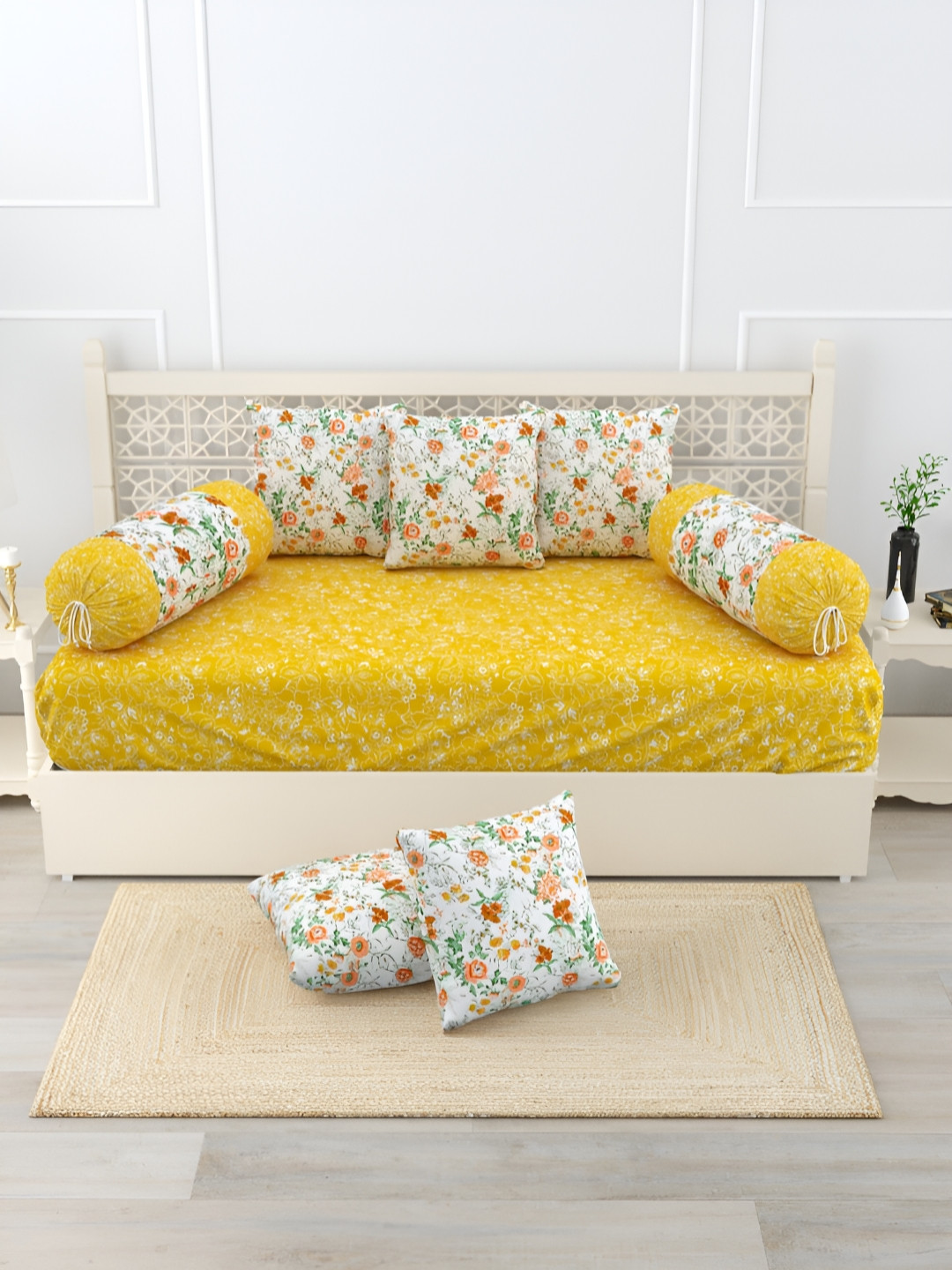 

Salona Bichona Yellow & White 8 Piece Printed Pure Cotton Diwan Set