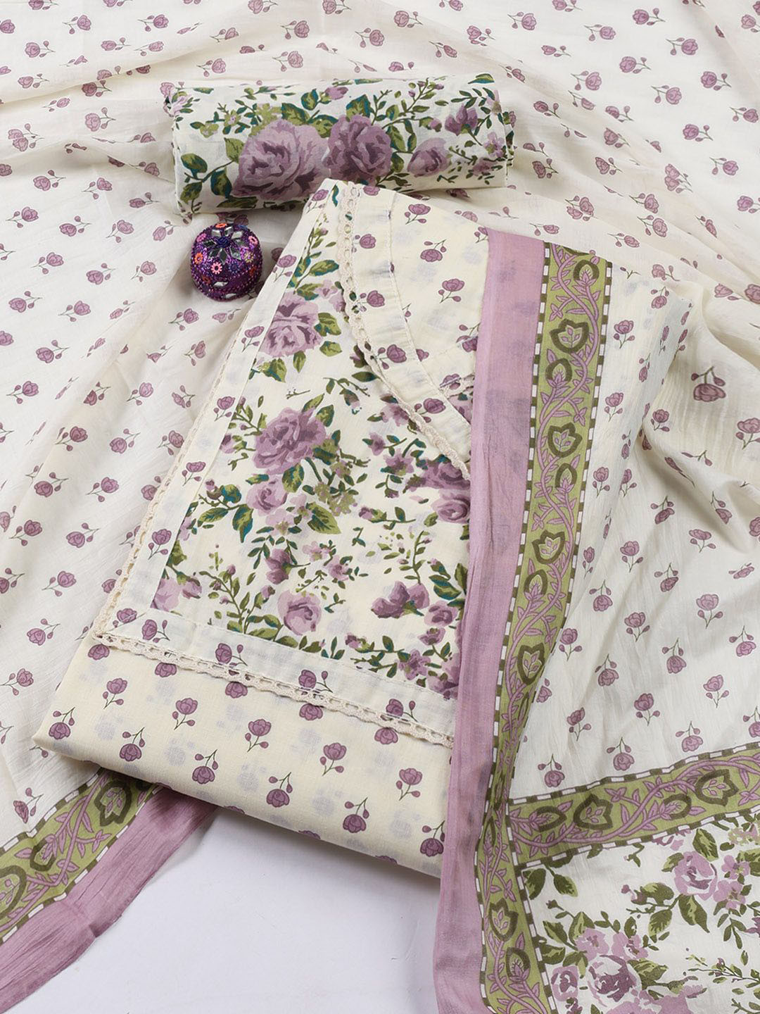 

Meena Bazaar Printed Unstitched Dress Material, Cream