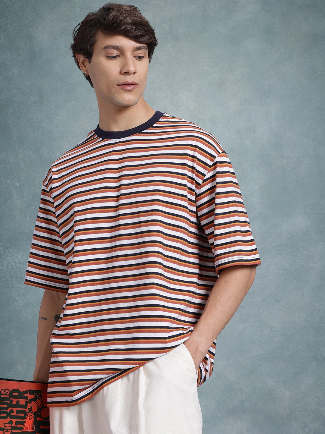 

The Roadster Life Co. Striped Drop-Shoulder Sleeves T-shirt, Brown