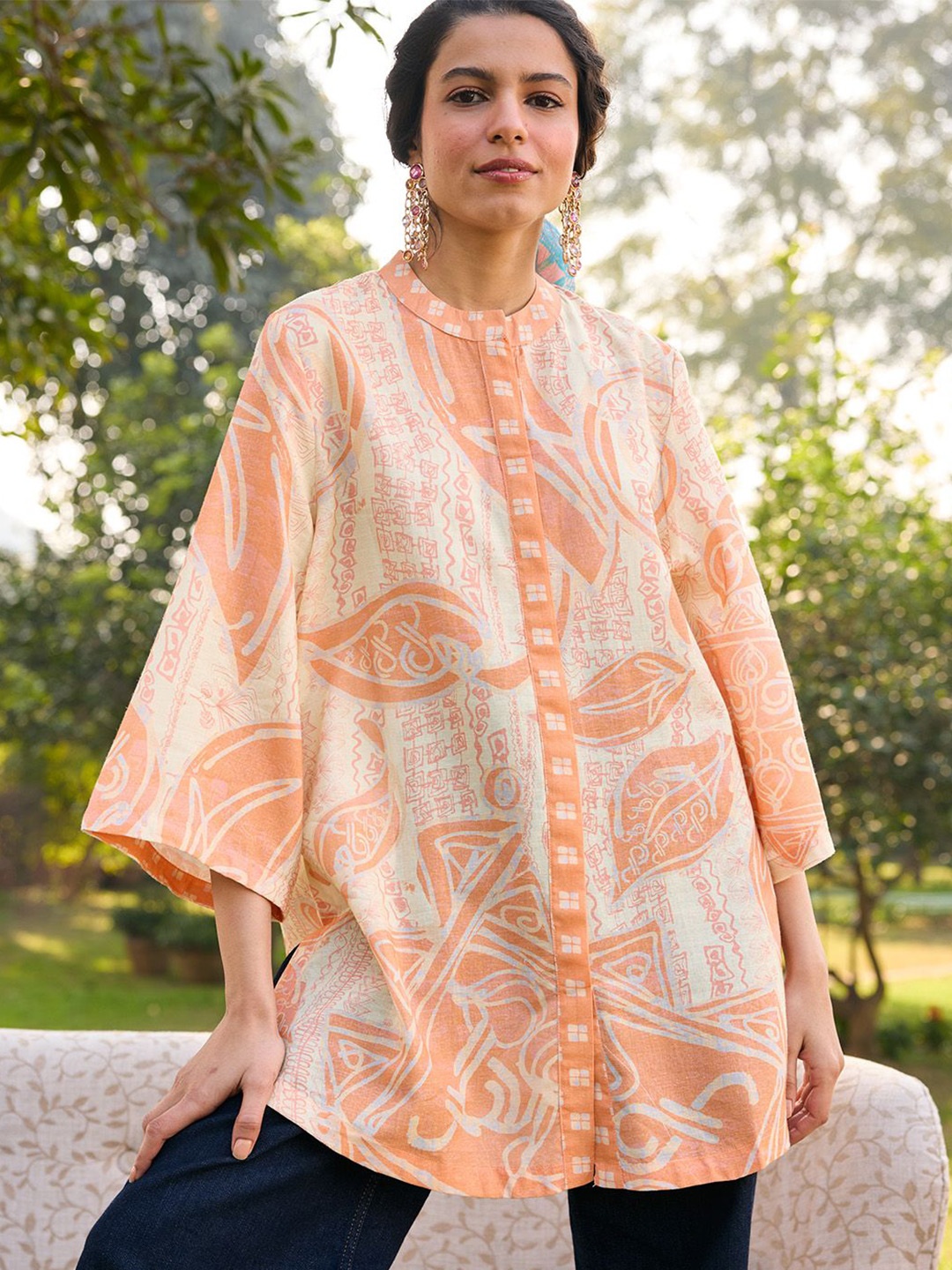 

SAUNDH Print Mandarin Collar Kimono Sleeve Linen Georgette Shirt Style Top, Orange