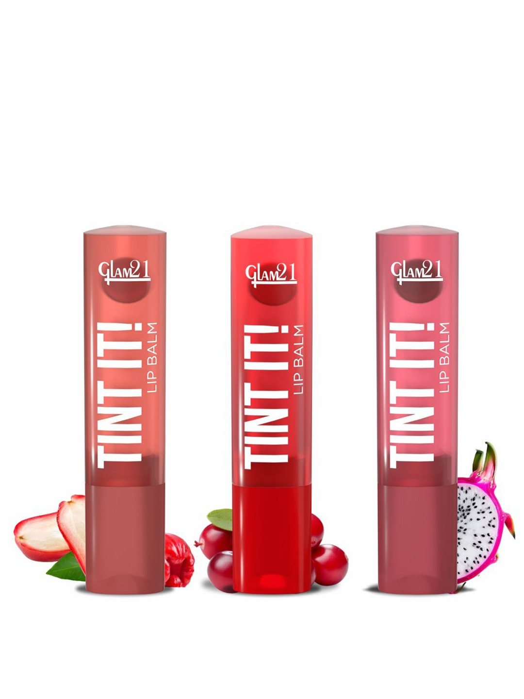 

GLAM21 Set Of 3 Tint It SPF15 Lip Balm- Rose Apple- Cranberry & Dragon Fruit, Multi