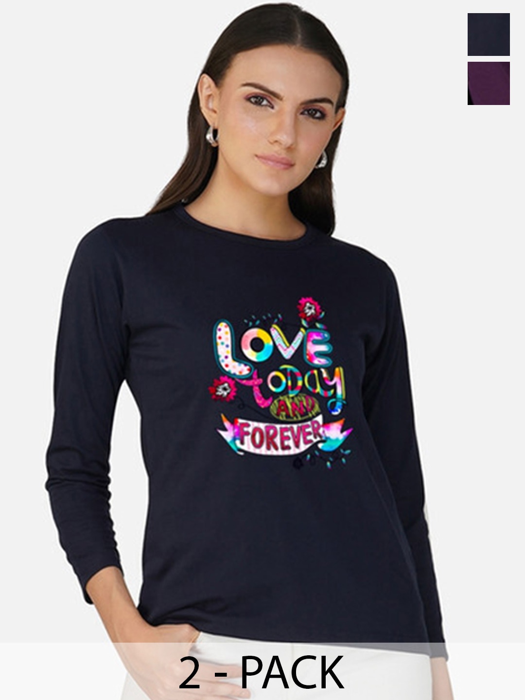 

Metronaut Women 2 Printed Bio Finish Applique T-shirt, Navy blue