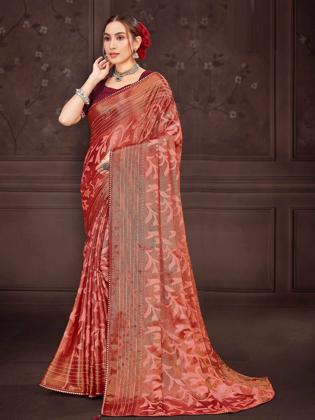 

MAHALASA Woven Design Gotta Patti Brasso Saree, Red