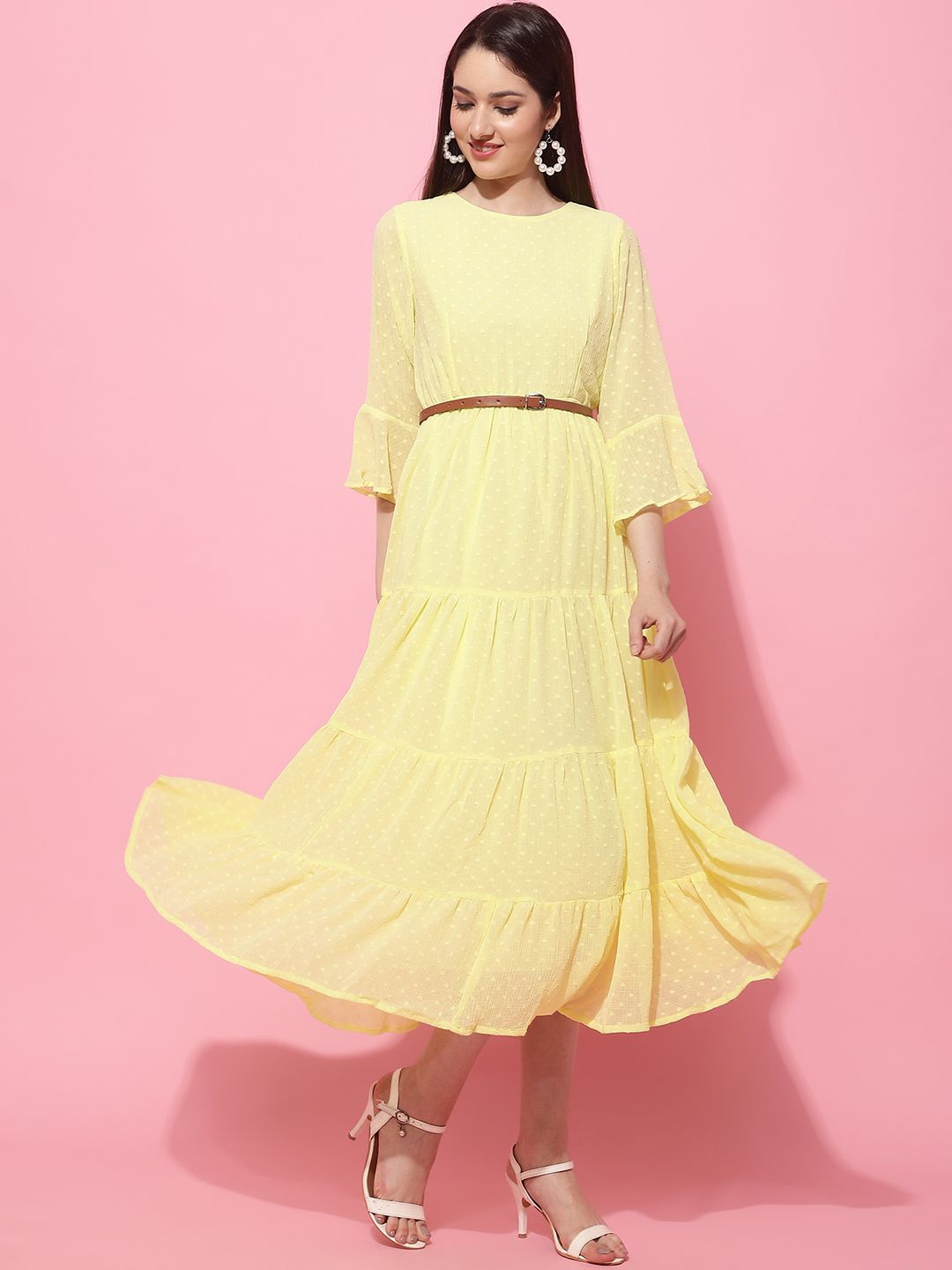 

JAKANARY Flared Sleeve Georgette Fit & Flare Maxi Dress, Yellow