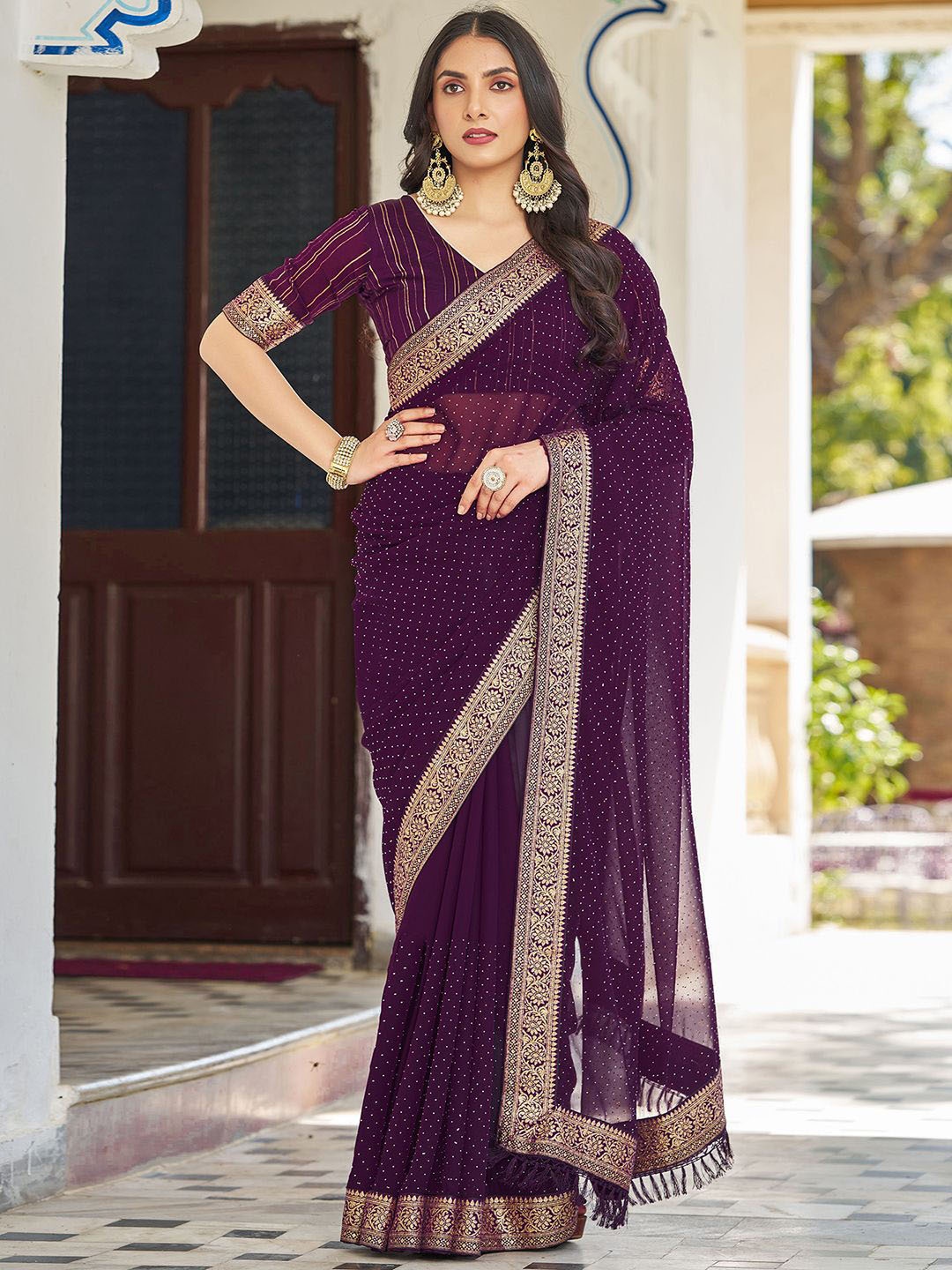 

all about you Embellished Zari Pure Georgette Paithani Saree, Purple