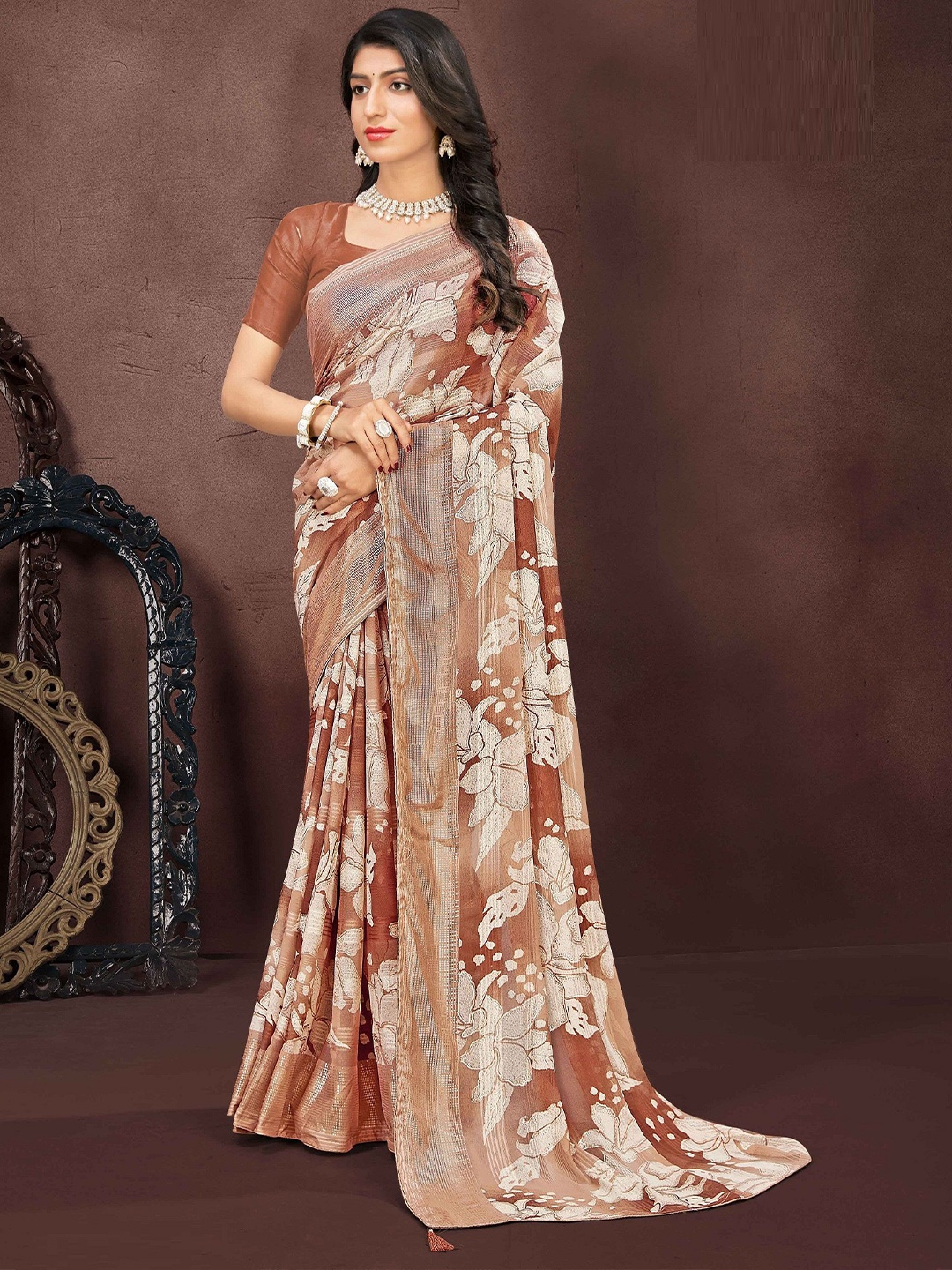 

MAHALASA Pure Georgette Designer Saree, Brown