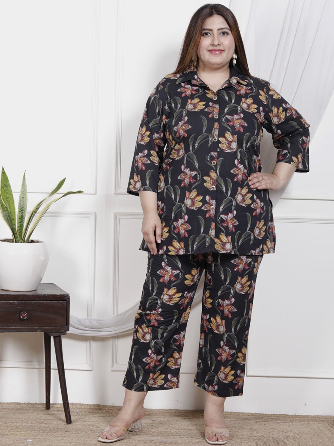

Swasti Printed Shirt Collar Pure Cotton Shirt With Trousers Co-Ords, Black