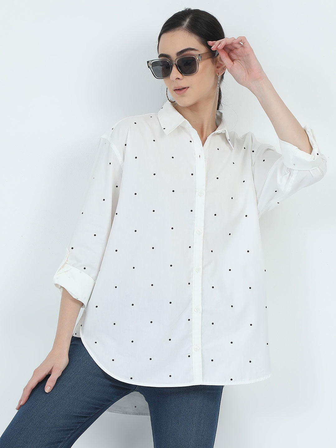 

GLAM & CHIQUE Women Relaxed Polka Dot Opaque Printed Casual Shirt, White