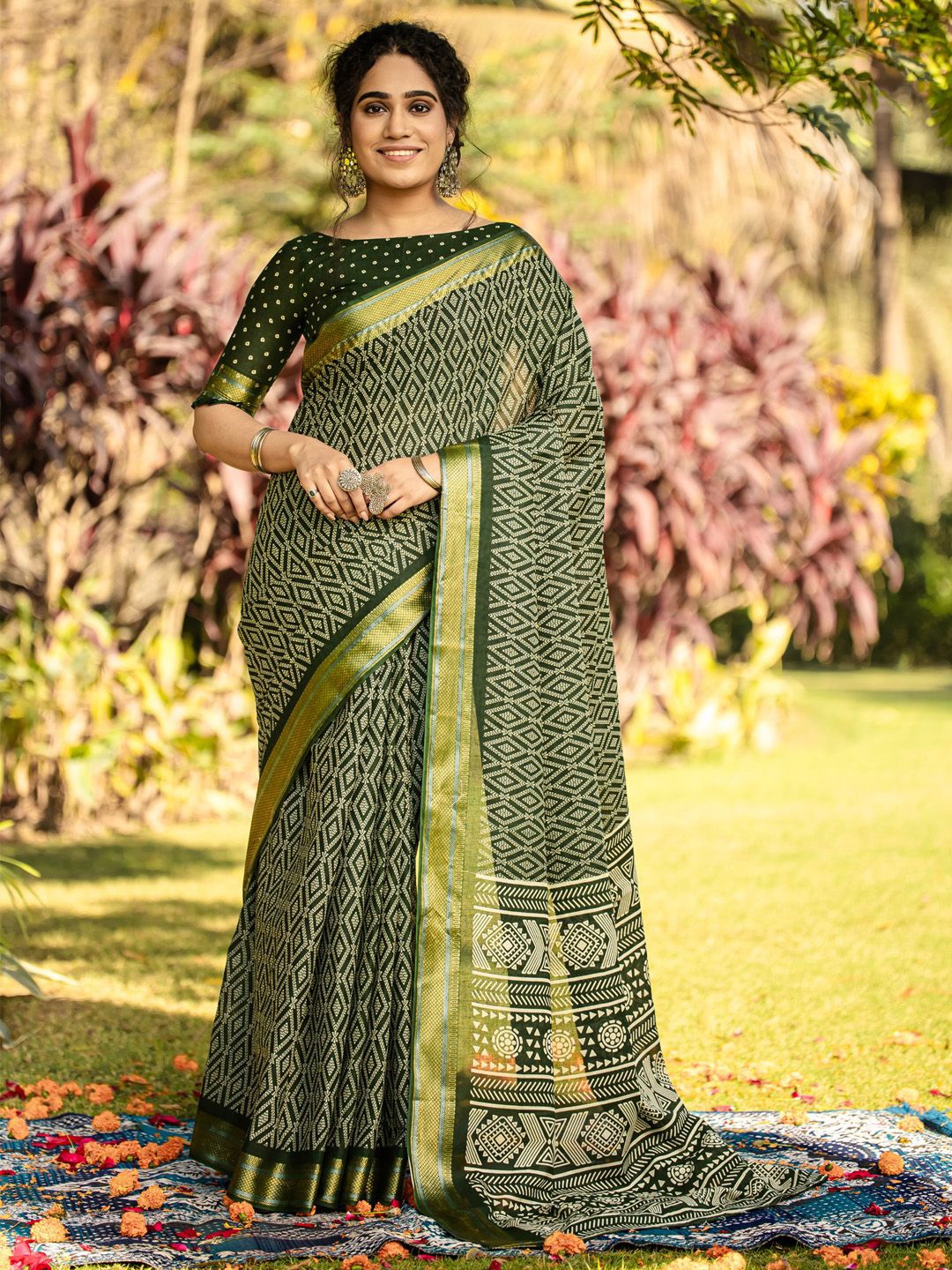 

KALINI Zari Block Print Saree, Green