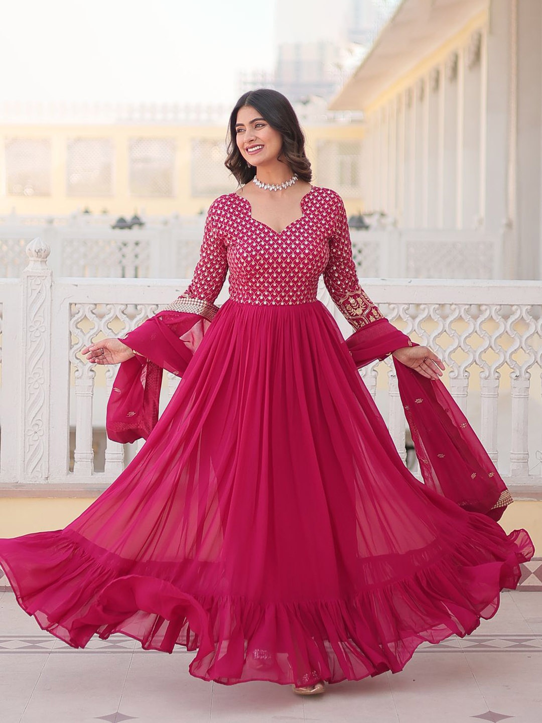 

Fashion Basket Embroidered Gown Maxi Ethnic Dress With Dupatta, Pink