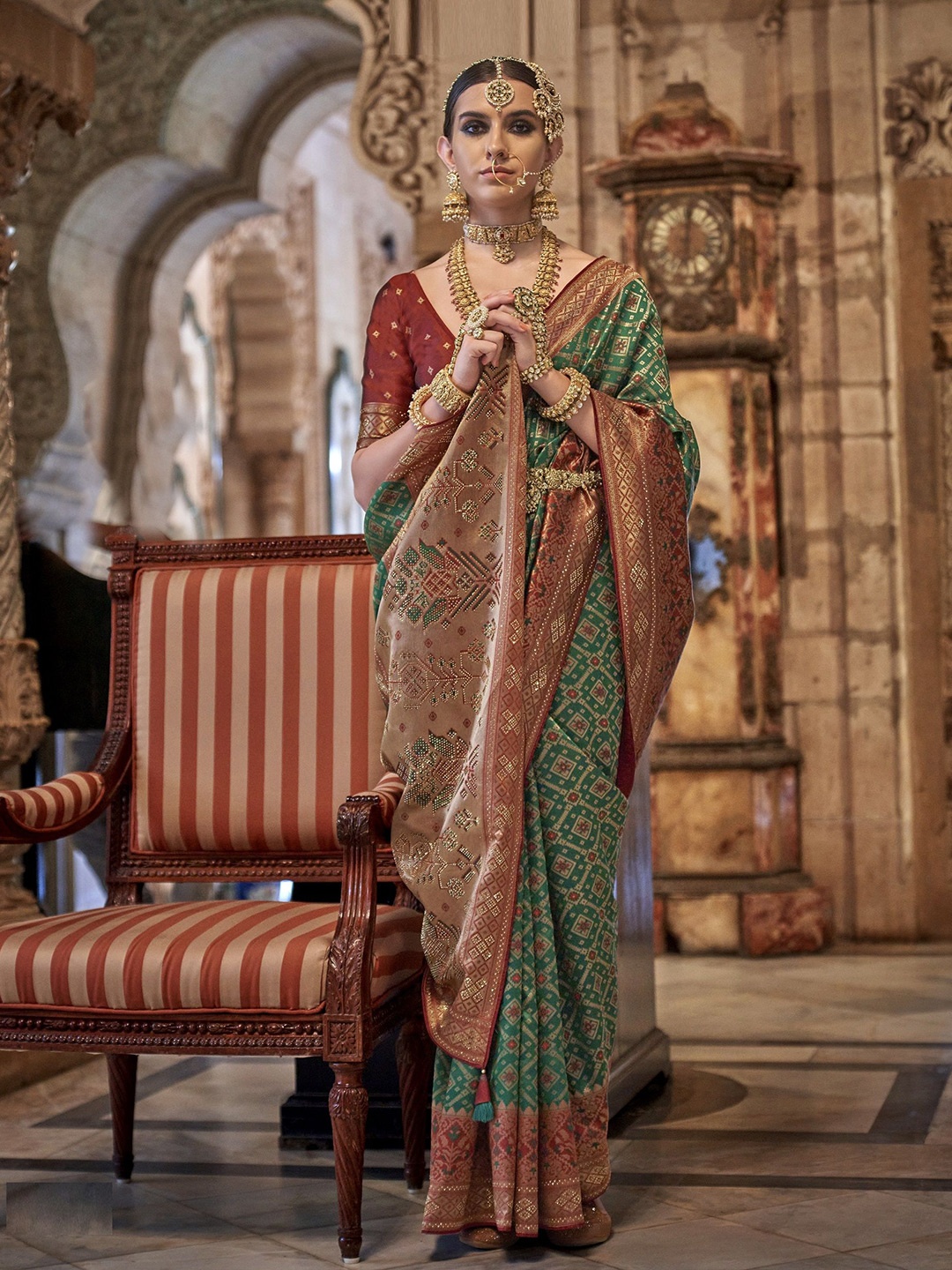 

MAHALASA Ethnic Motifs Zari Pure Silk Kanjeevaram Saree, Green