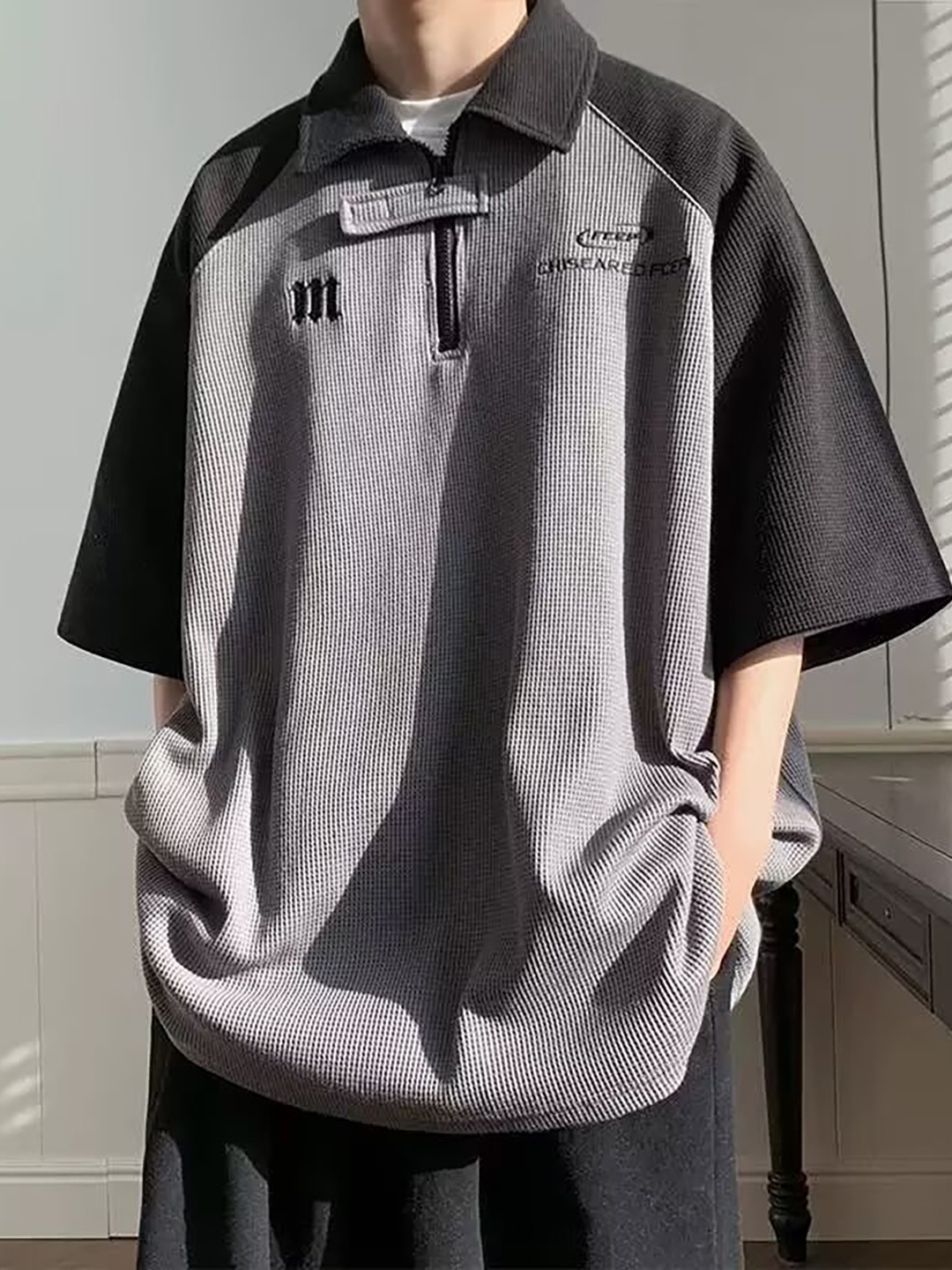 

StyleCast x Revolte Men Colourblocked Polo Collar Oversized T-shirt, Grey