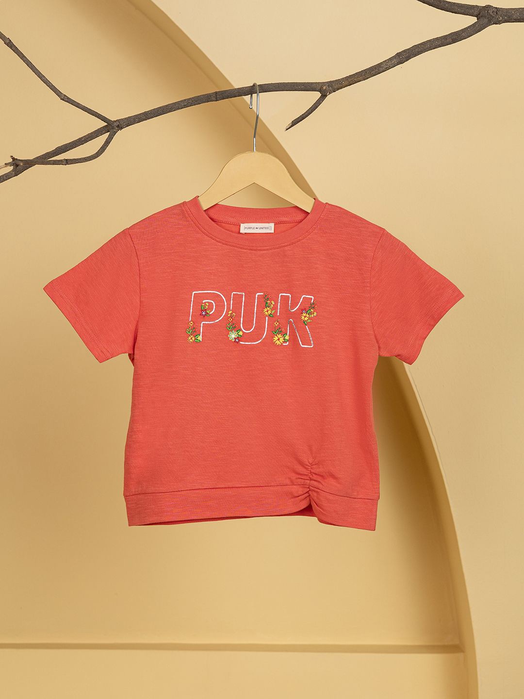 

Purple United Kids Girls Typography Printed Applique T-shirt, Peach