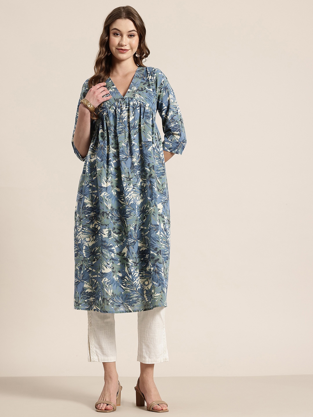 

HERE&NOW Abstract Printed Empire Pure Cotton Kurta, Blue