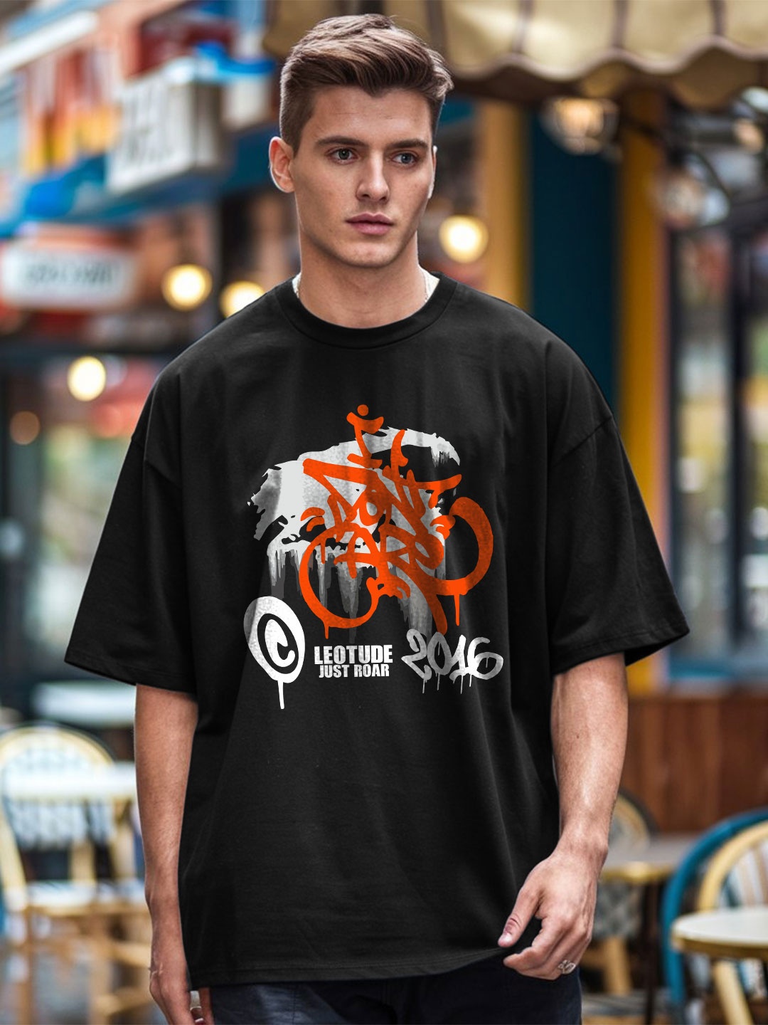 

Leotude Men Graphic Printed Round Neck Cotton Oversized T-shirt, Black