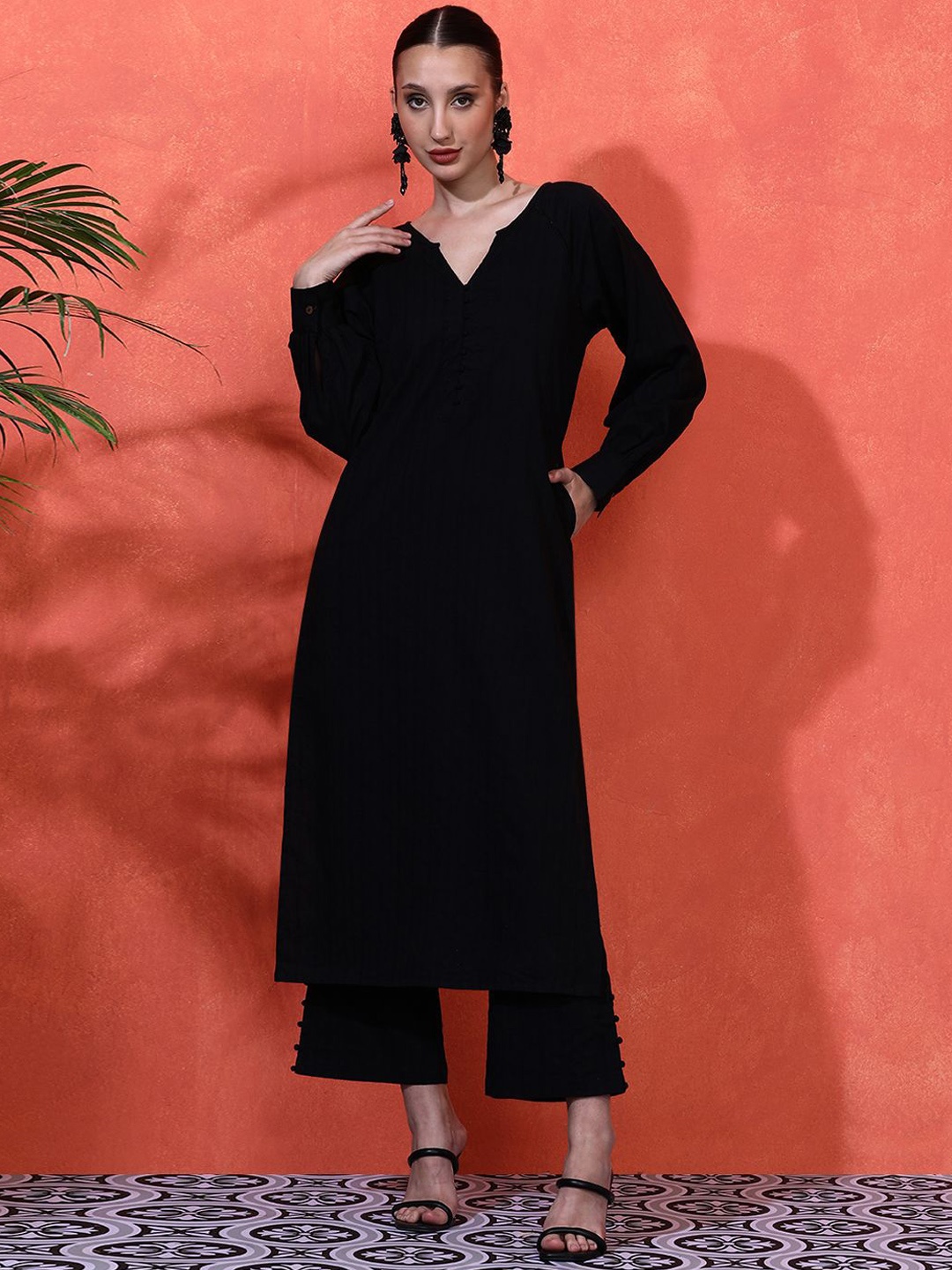 

Sangria Striped Self Design Pure Cotton Straight Kurta & Trousers, Black
