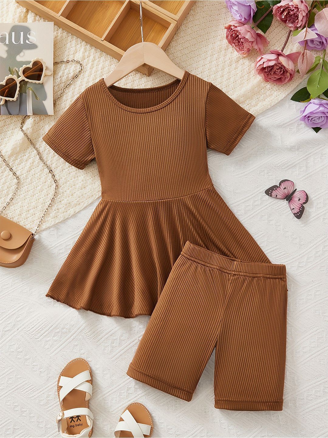 

YK Girls Top With Shorts, Coffee brown