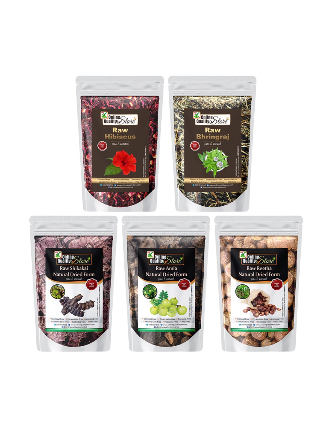 

Online Quality Store Set Of 5 Raw Amla,Reetha, Shikakai, Bhringraj & Hibiscus - 300g Each, Maroon