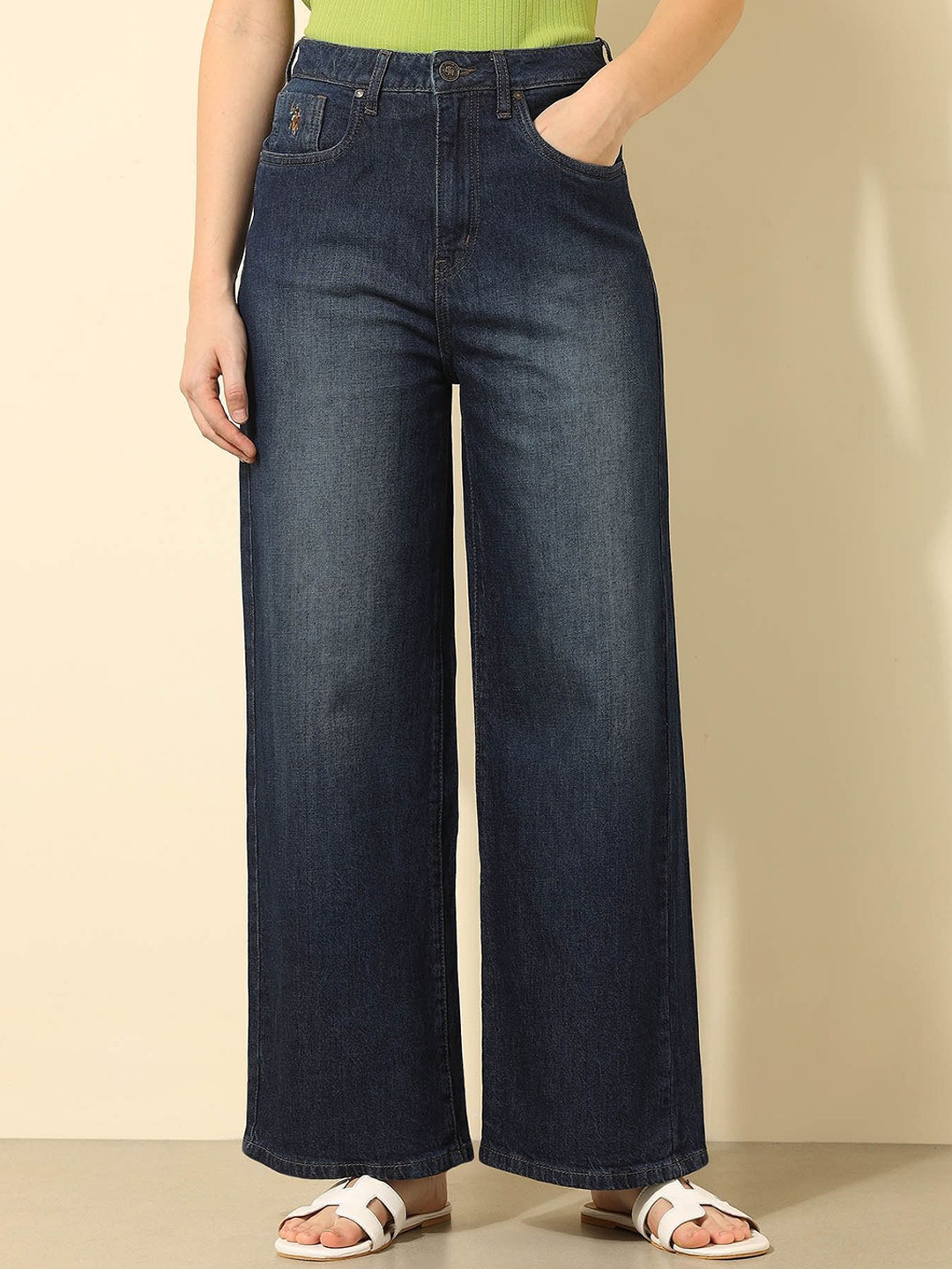 

U.S. Polo Assn. Women Women Wide Leg High-Rise Light Fade Stretchable Jeans, Blue