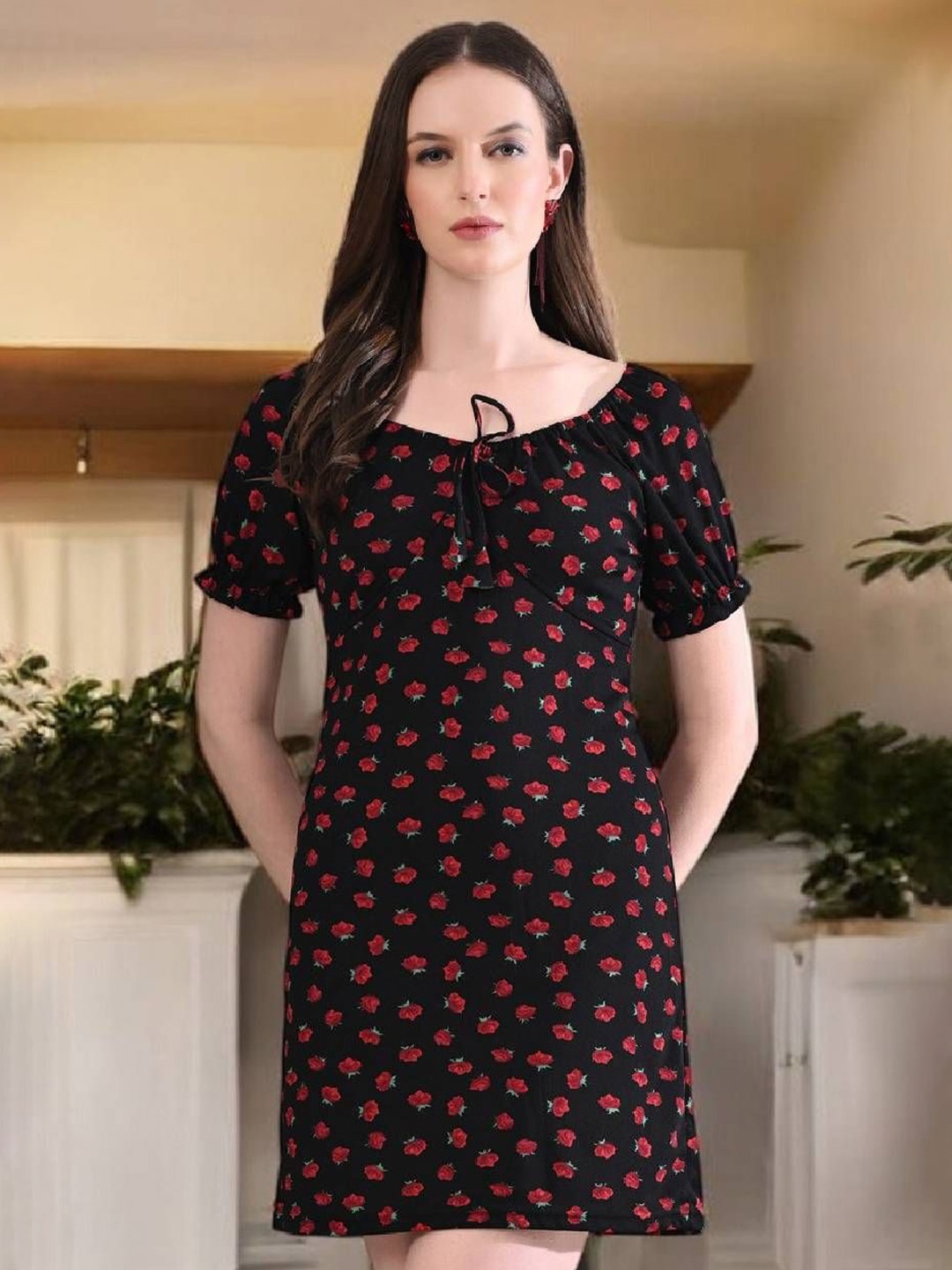

BAESD Floral Puff Sleeve Bodycon Mini Dress, Red