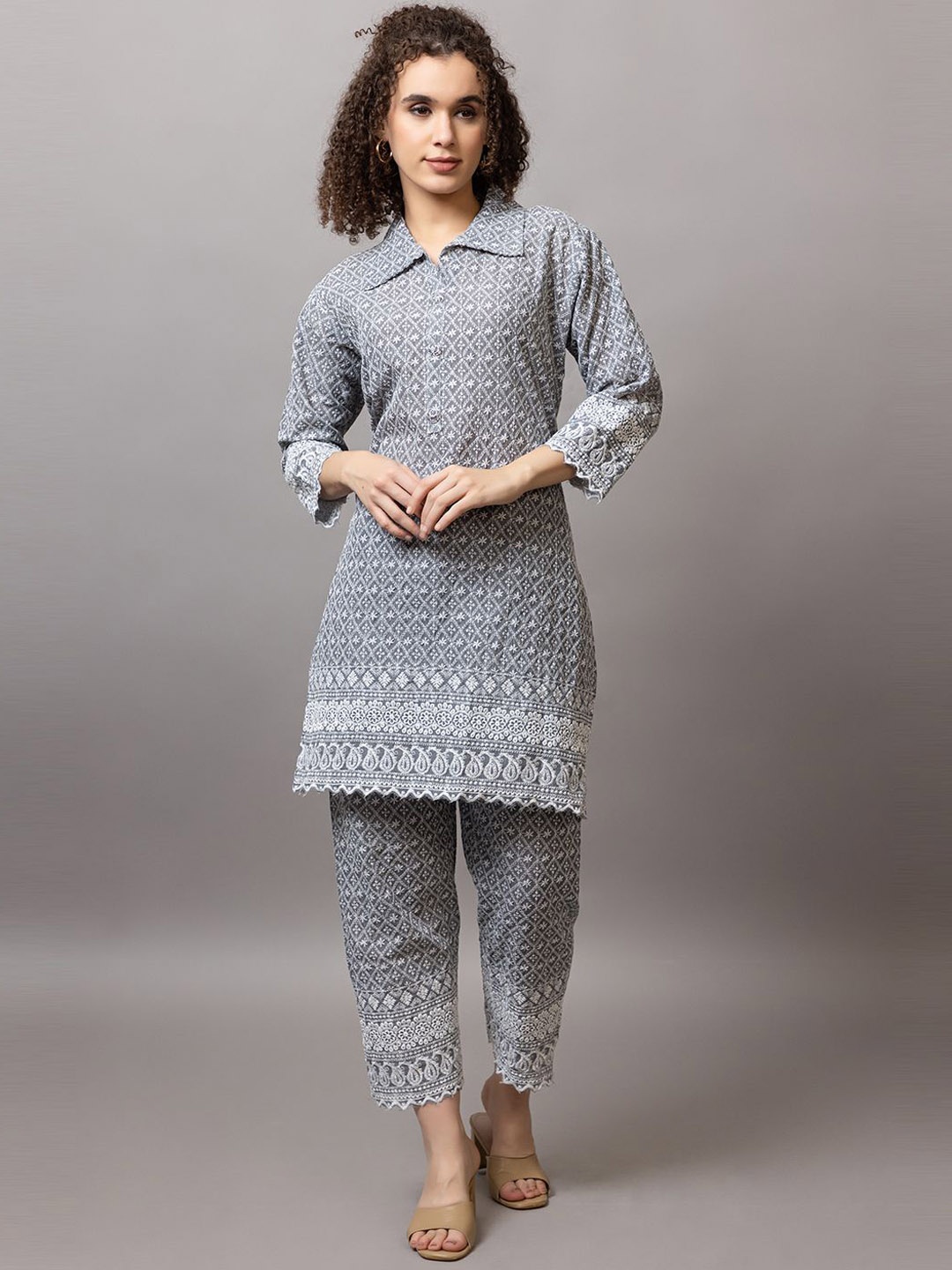 

TYSORT Embroidered Tunic & Trousers Casual Co-Ord Set, Grey