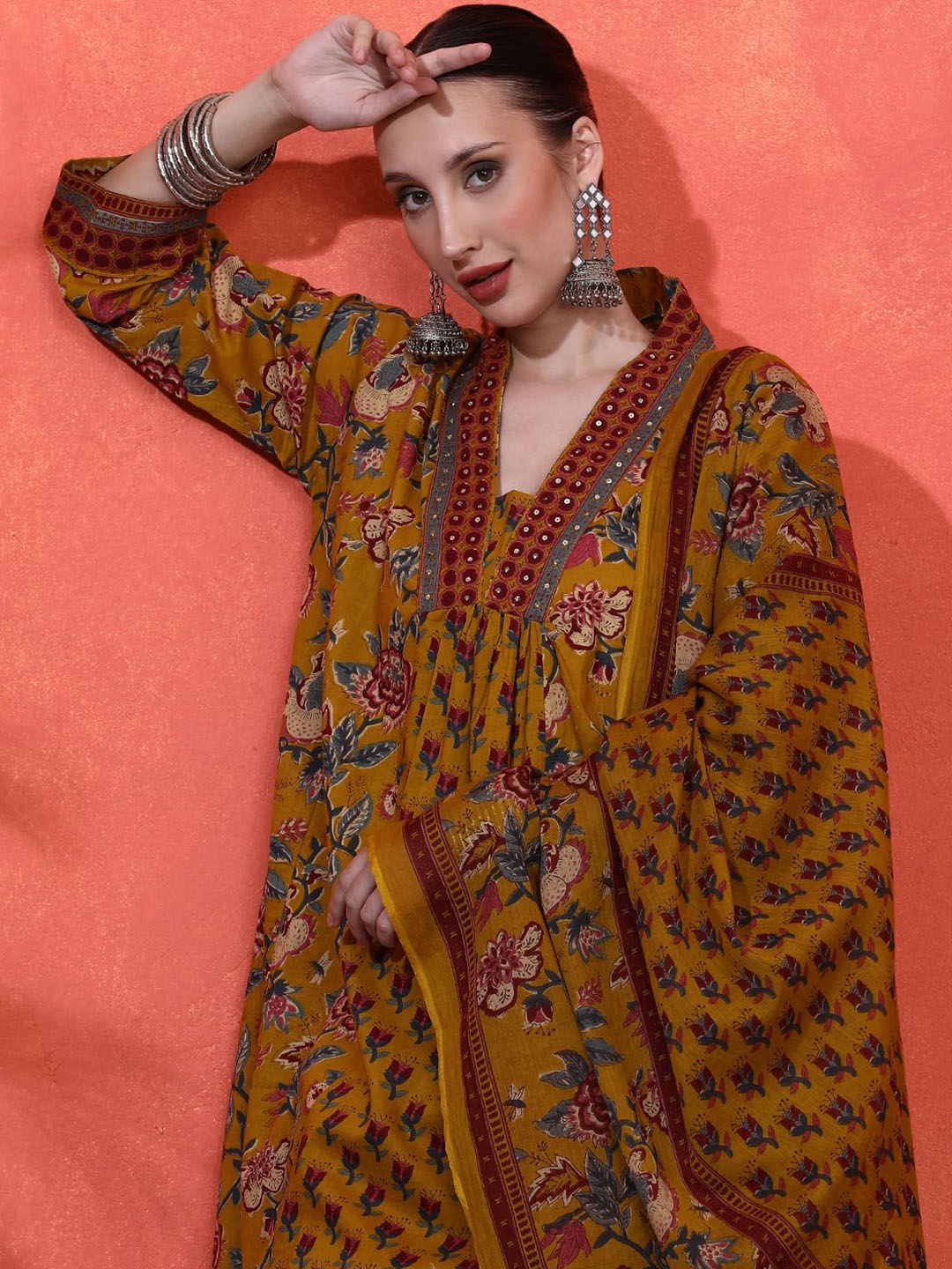 

Sangria Floral Embroidered A-Line Pure Cotton Kurta With Trousers & Dupatta, Mustard