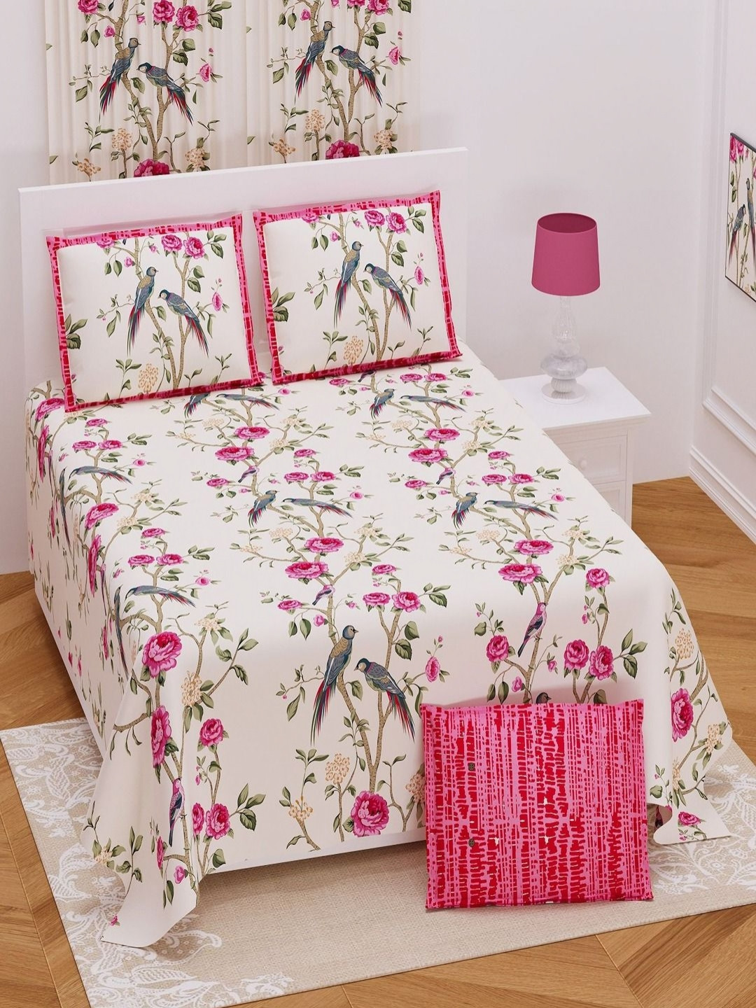 

Myntra Elegant Homes Pink & White Floral 250 TC King Bedsheet with 2 Pillow Covers