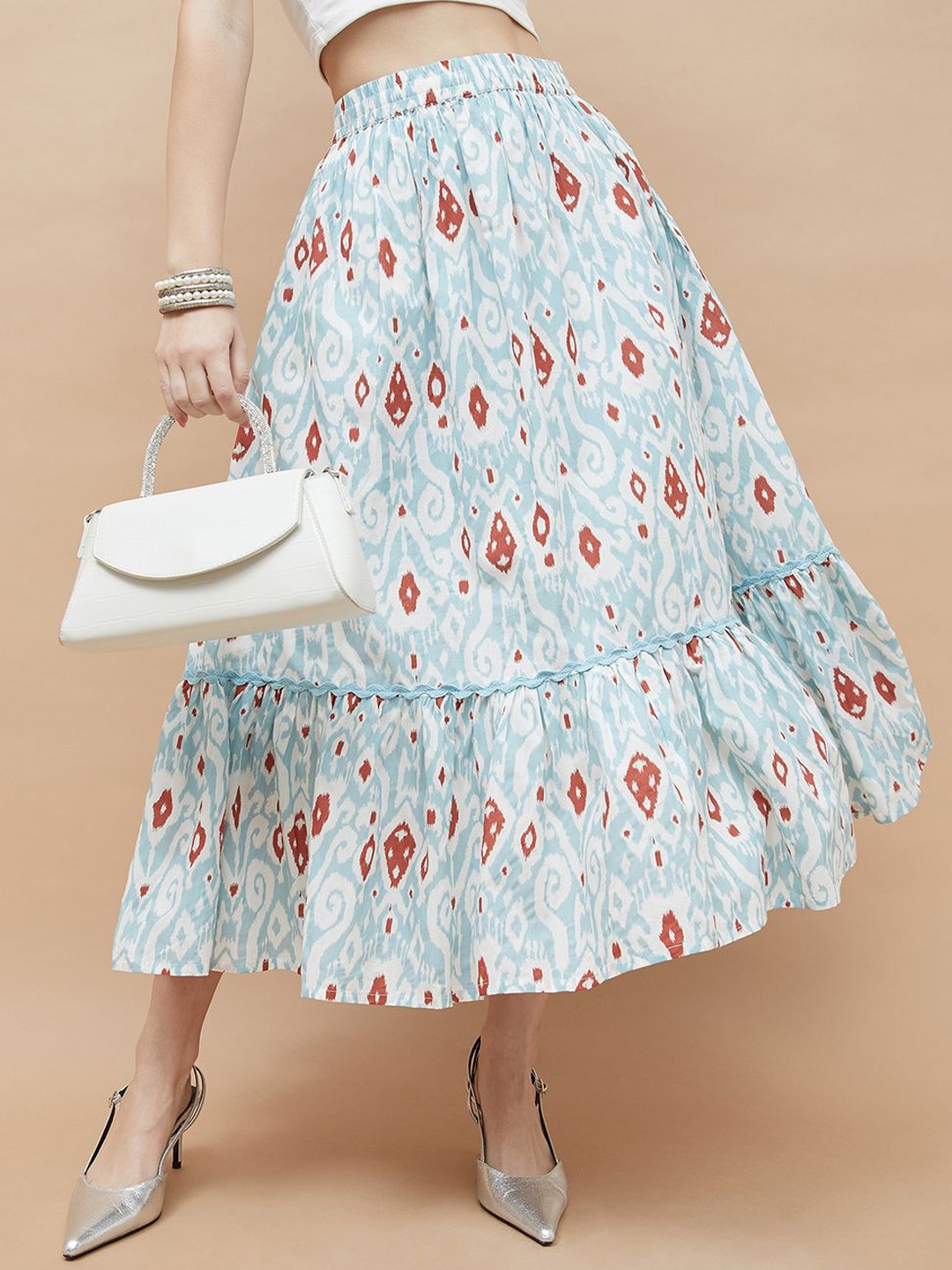 

Colour Me by Melange Printed Cotton Flared Maxi Skirt, Blue
