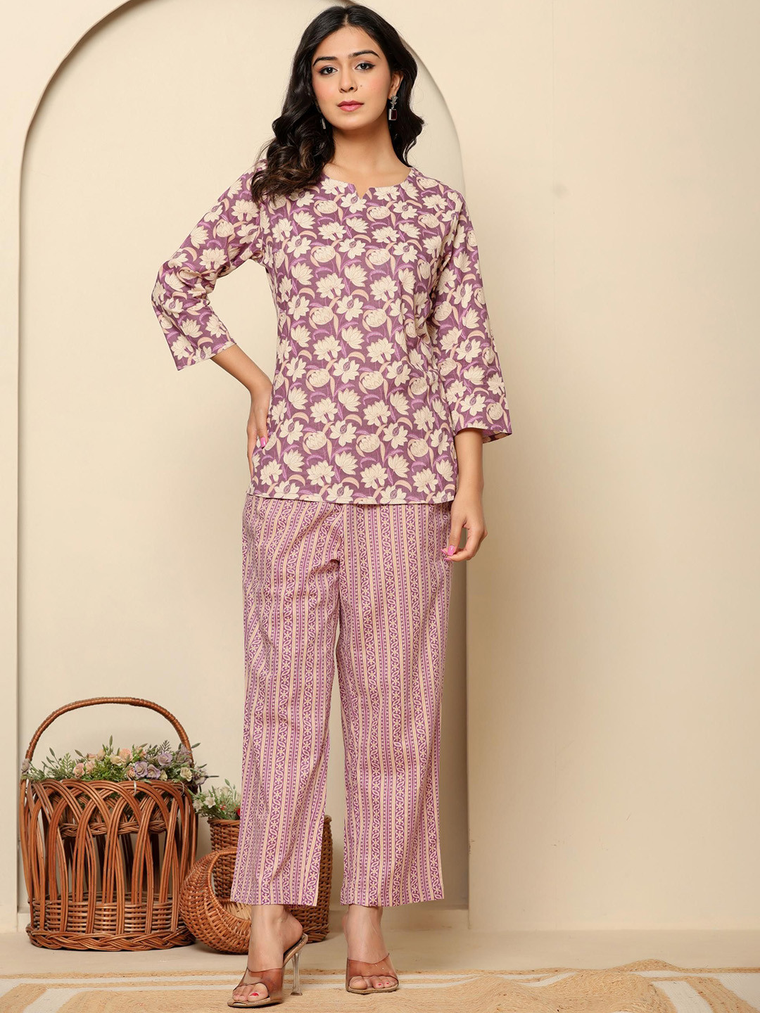 

Rouhab Printed Pure Cotton Tunic & Trousers Co-Ords, Purple