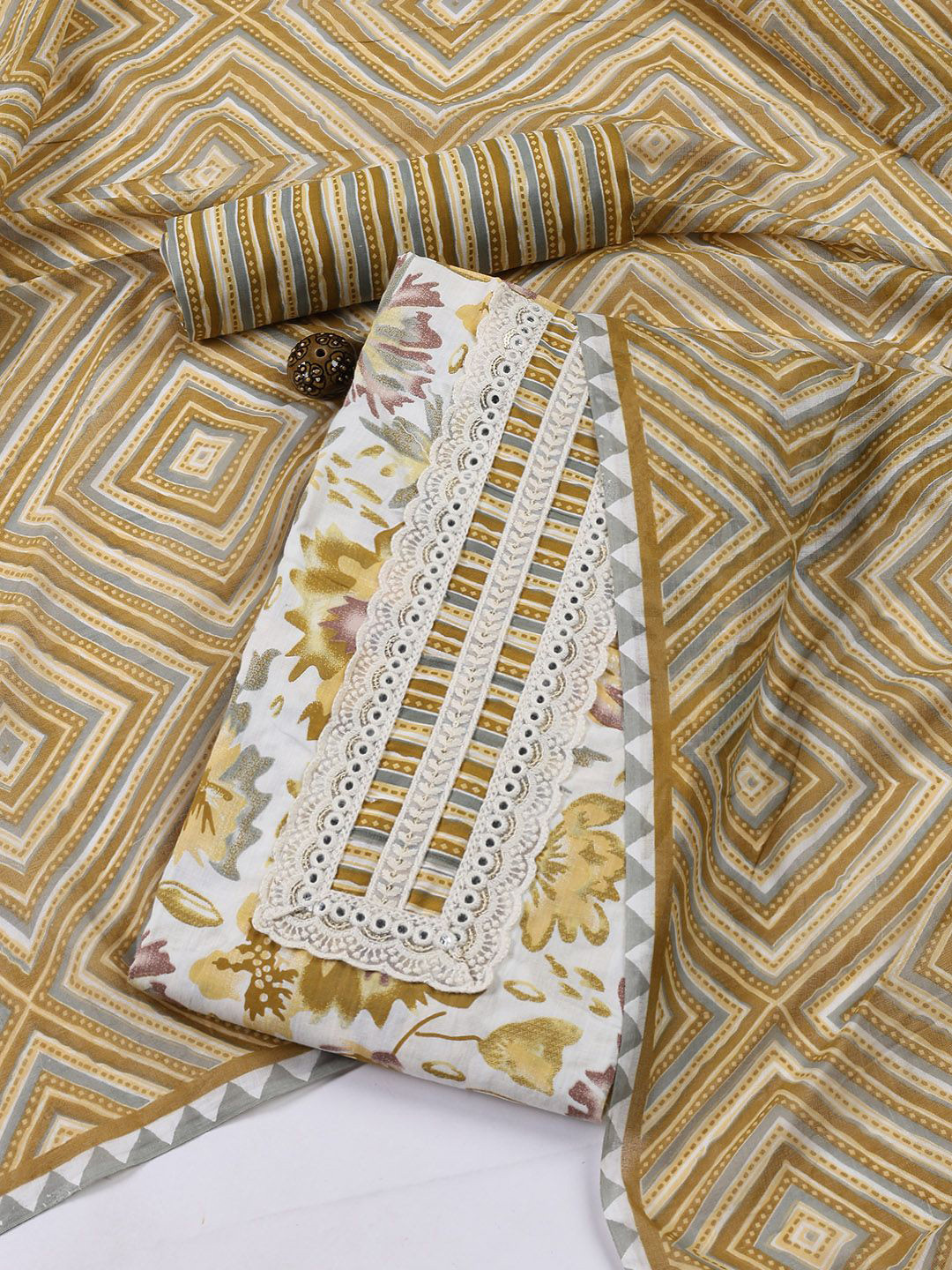 

Meena Bazaar Printed Unstitched Dress Material, Mustard