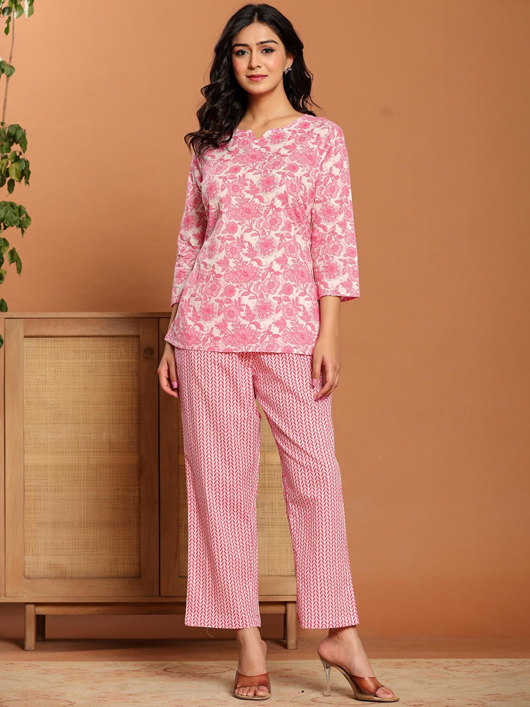 

Rouhab Printed Pure Cotton Top With Trouser Co-Ords, Pink