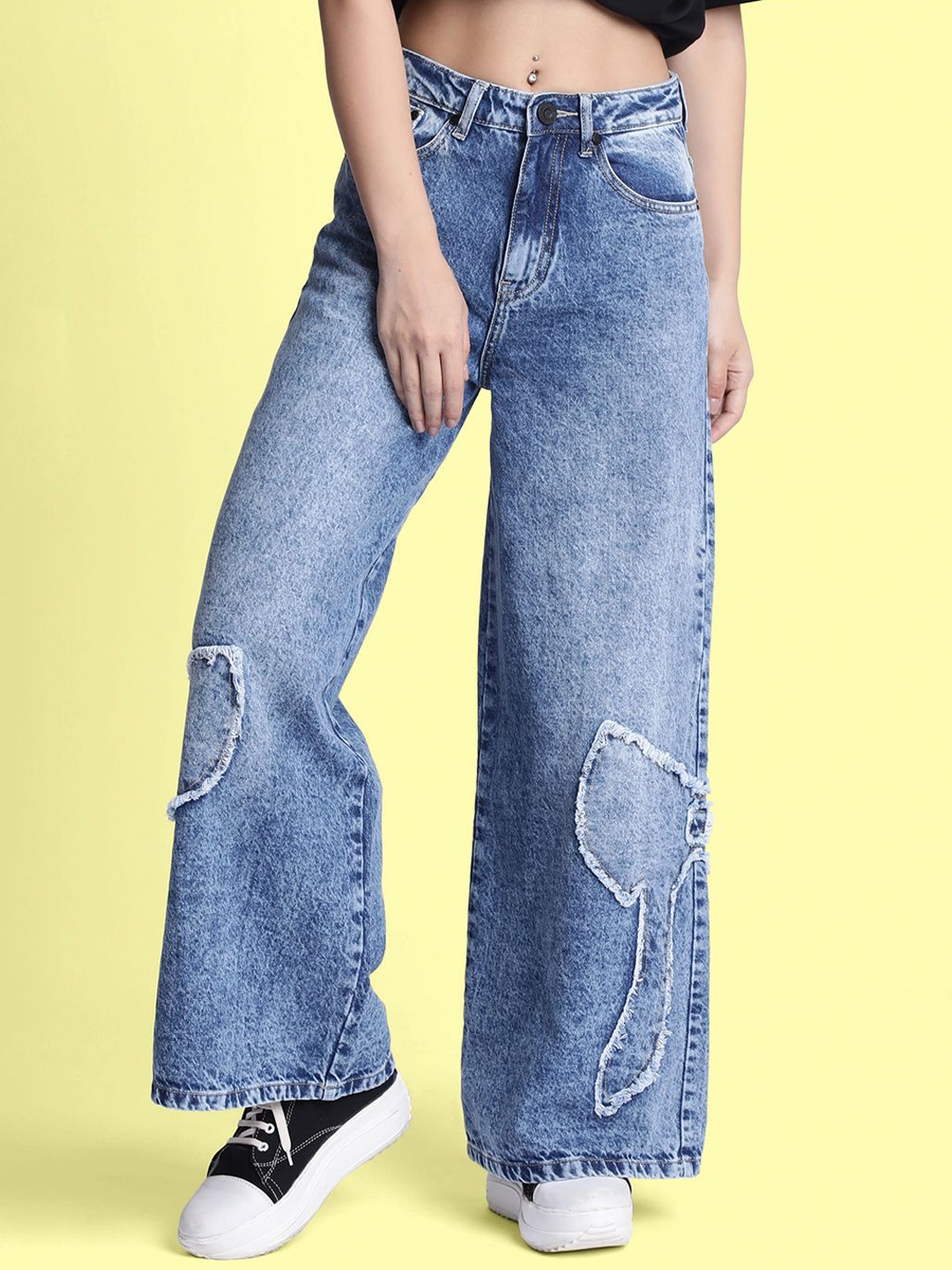 

Bene Kleed Women Wide Leg High-Rise Highly Distressed Heavy Fade Jeans, Blue