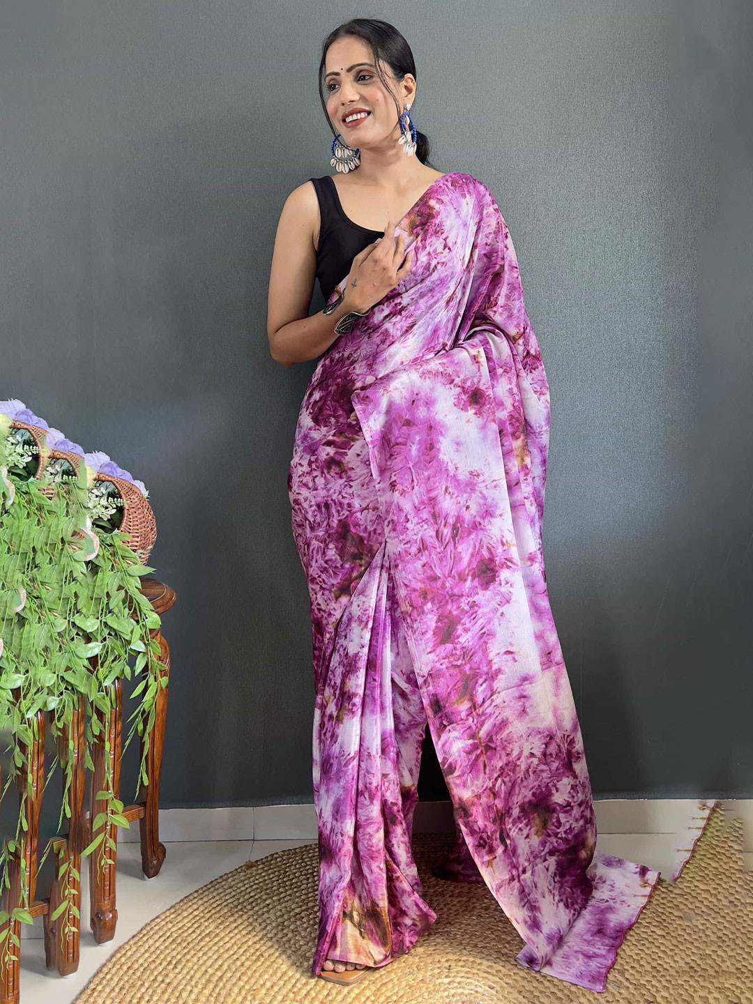 

HERE&NOW Tie and Dye Pure Chiffon Jamdani Saree, Purple