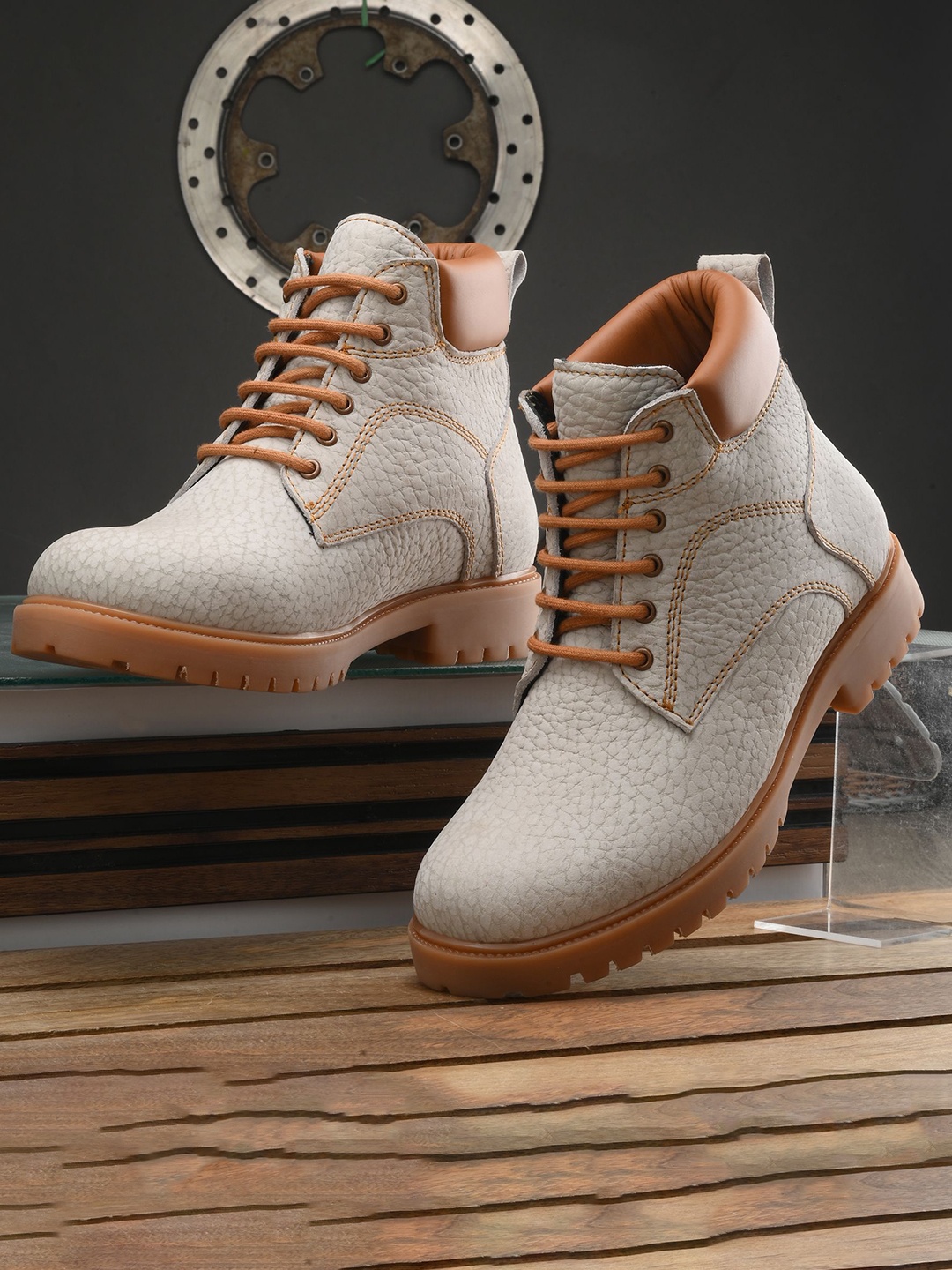 

GALEX Men Leather Round Toe Block Heel Regular Boots, Off white