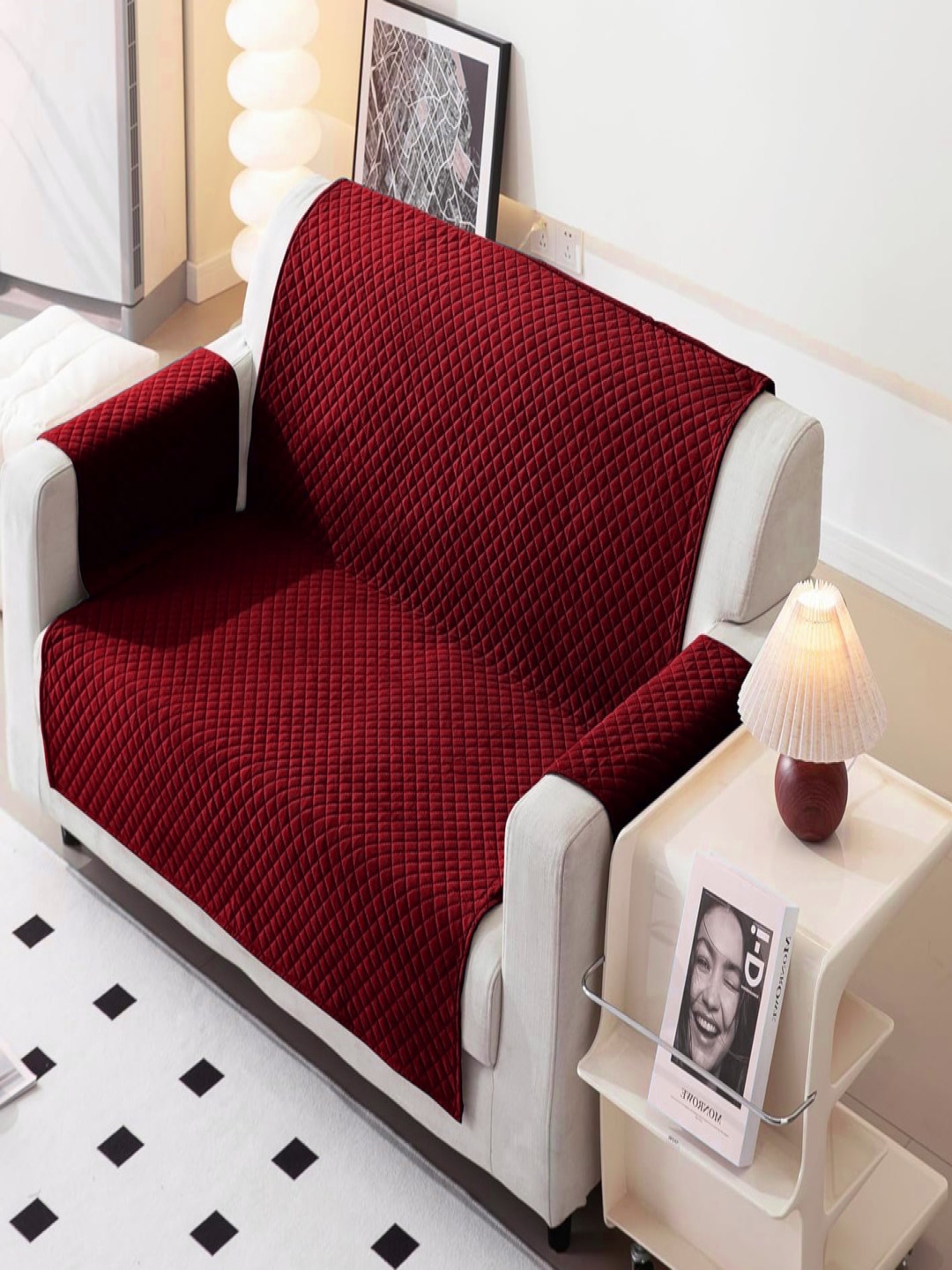 

Fashion Throw Maroon Checked Velvet 1 Piece Sofa Cover With Arms