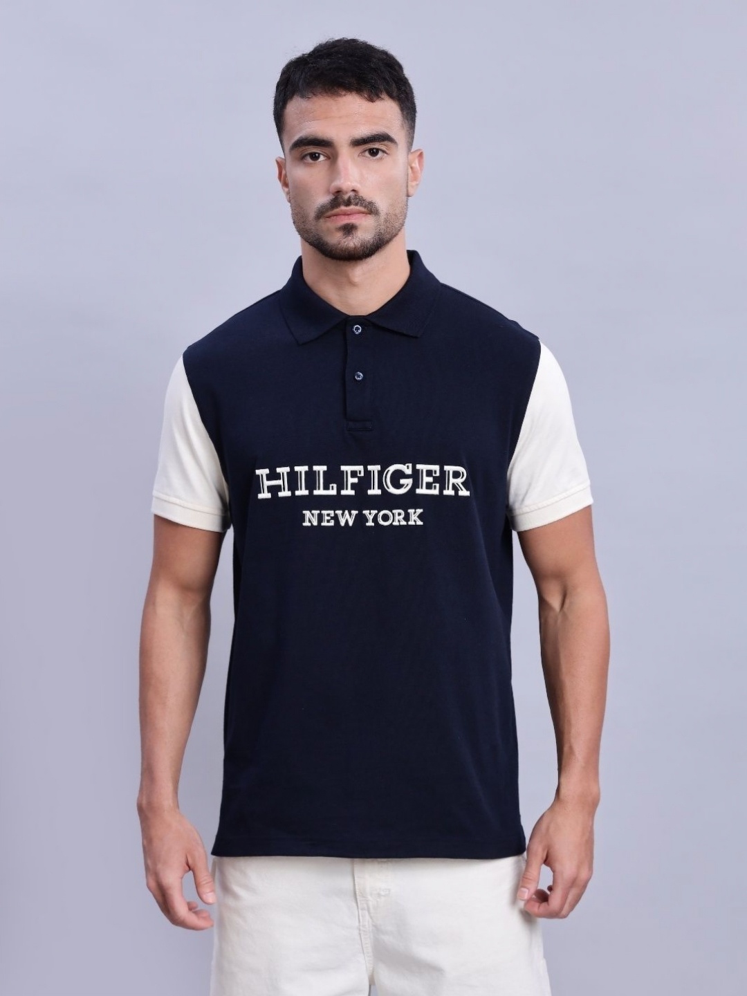 

Tommy Hilfiger Men Typography Printed Polo Collar T-shirt, Navy blue