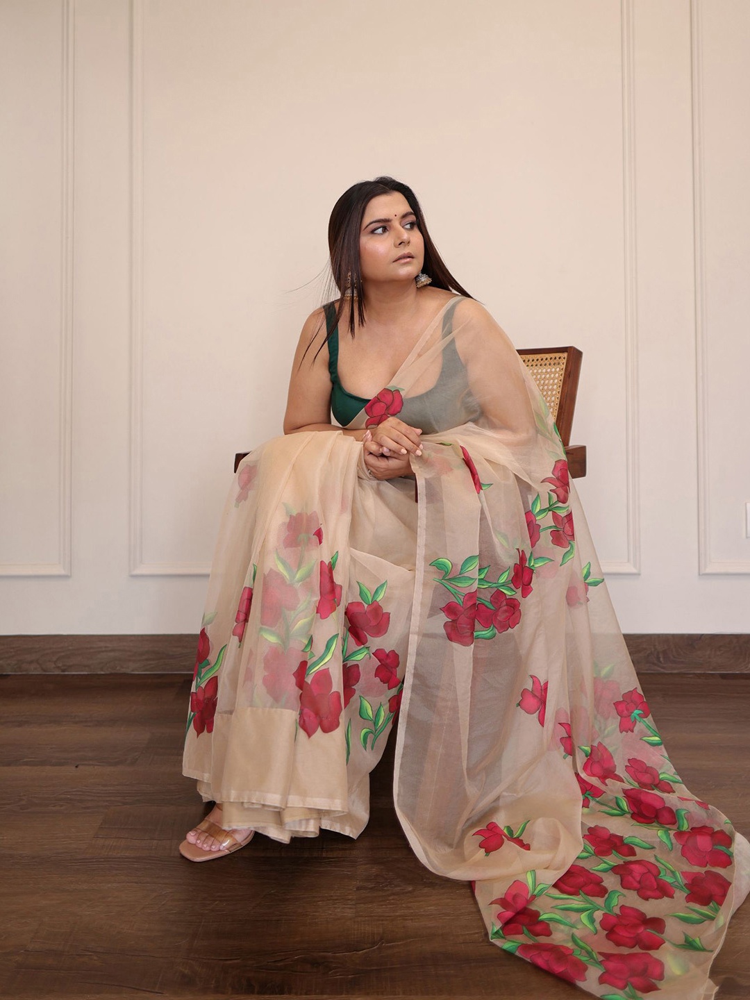 

Noor by Hansa Beige Hand-Painted Organza Silk Saree