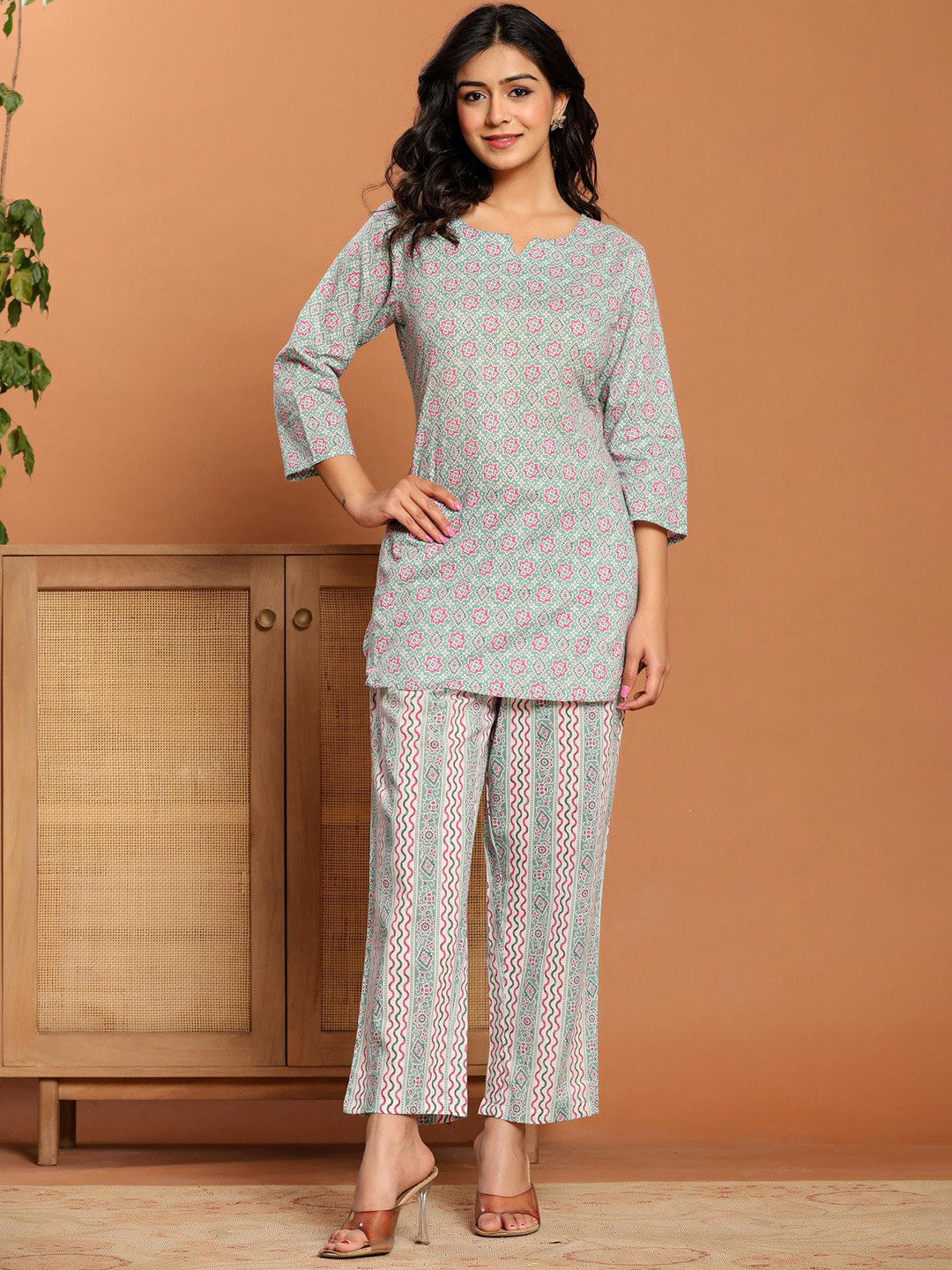 

Rouhab Printed Pure Cotton Top With Trouser Co-Ords, Green