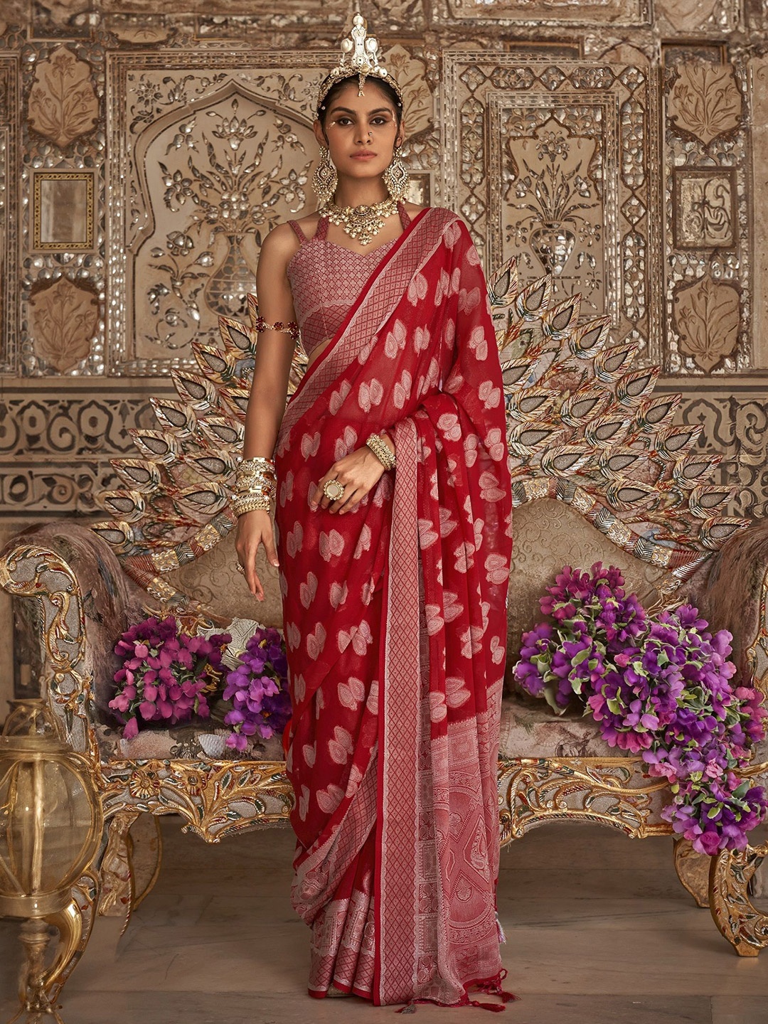 

MAHALASA Woven Design Zari Pure Georgette Banarasi Saree, Red