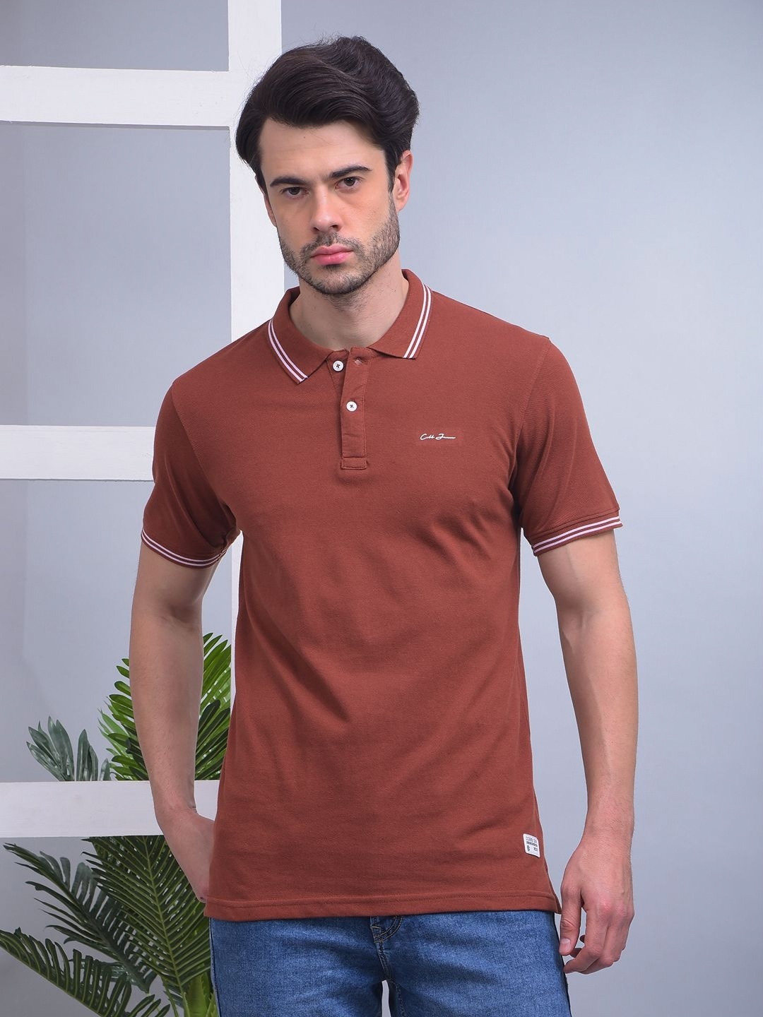 

COBB Men Polo Collar Applique T-shirt, Brown