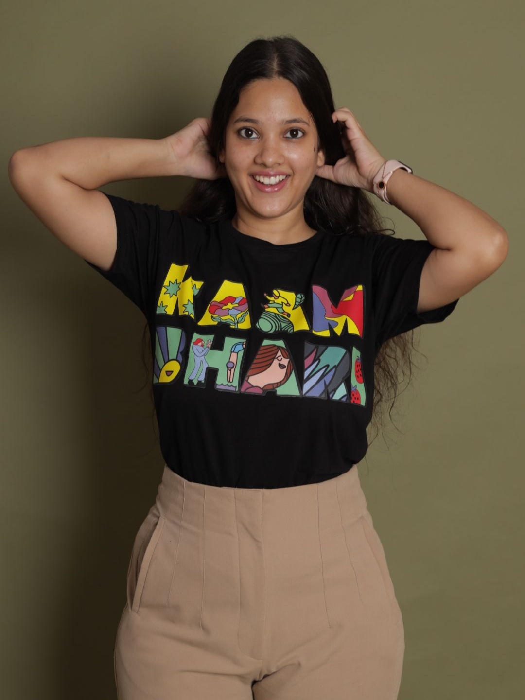 

KaamBhari Unisex Extended Sleeves Pure Cotton Applique T-shirt, Black