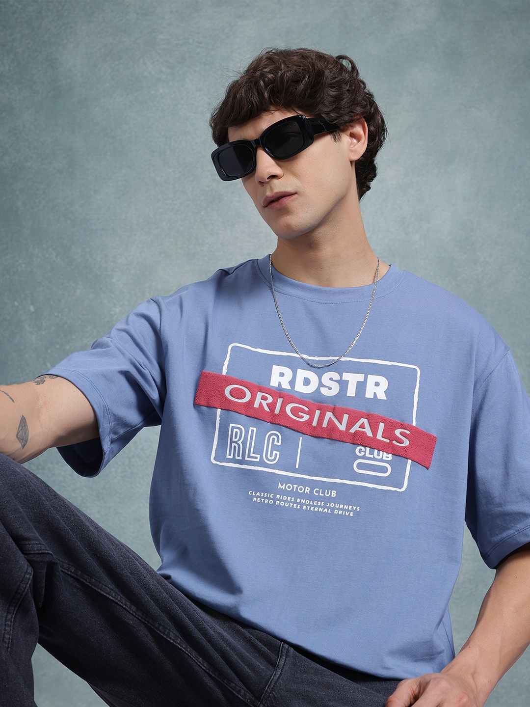 

The Roadster Life Co. Printed Pure Cotton Relaxed Fit T-shirt, Blue