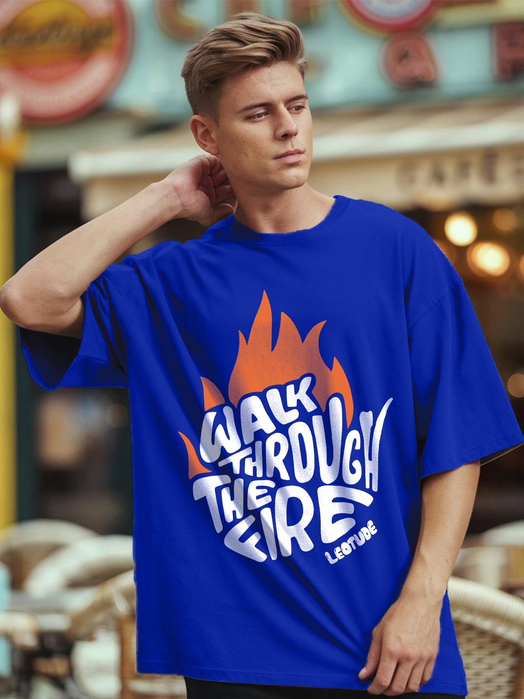 

Leotude Men Typography Printed Round Neck Cotton Oversized T-shirt, Blue