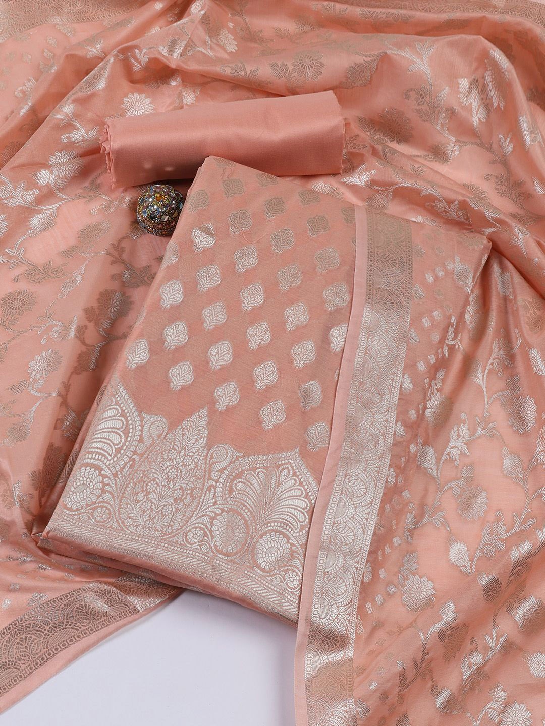 

Meena Bazaar Art Silk Unstitched Dress Material, Peach
