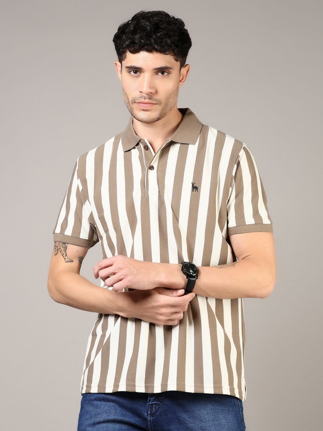 

V-Mart Men Striped Polo Collar T-shirt, Brown