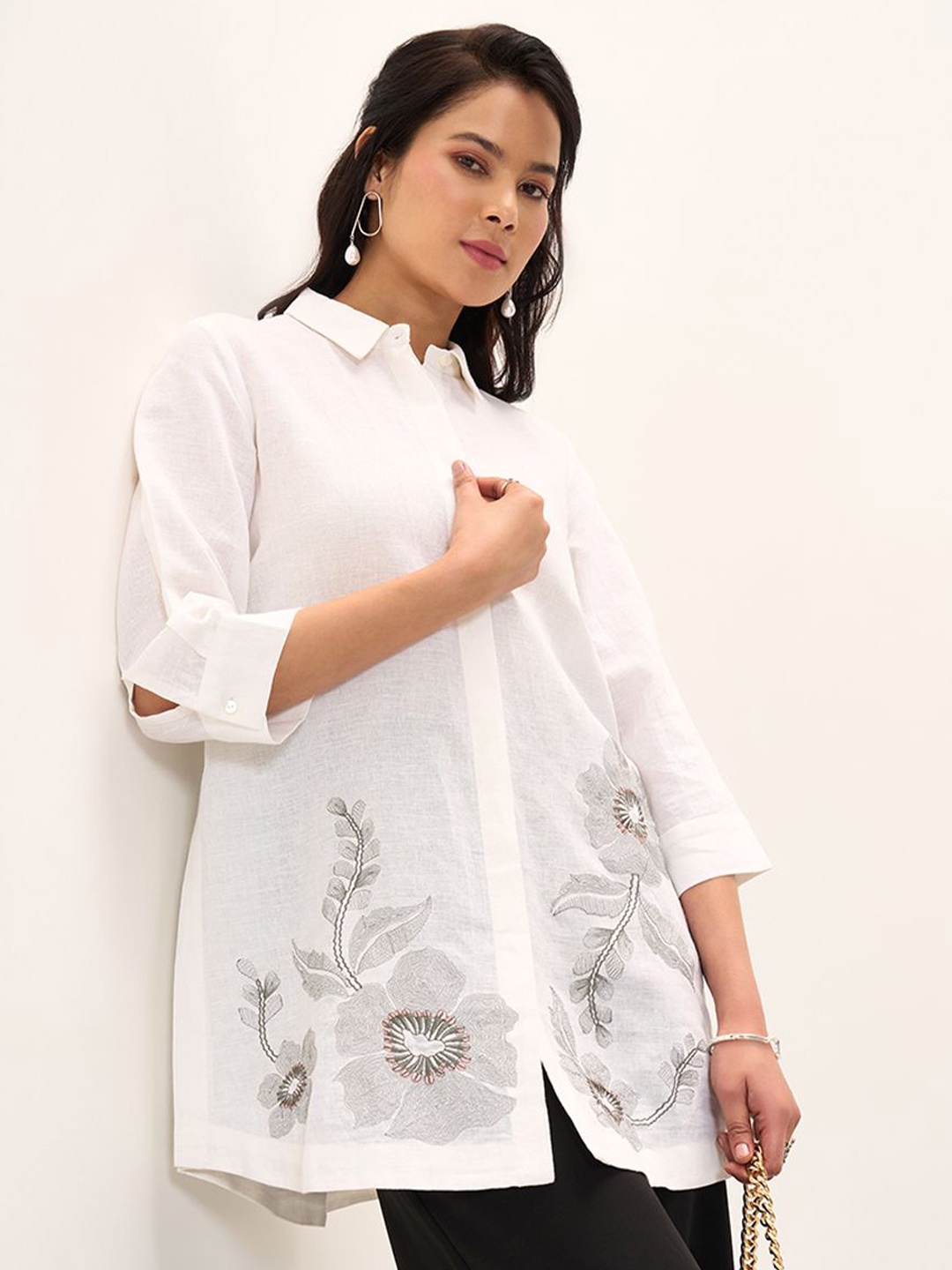 

Marigold Lane Shirt Collar Ethnic Tunic, Off white