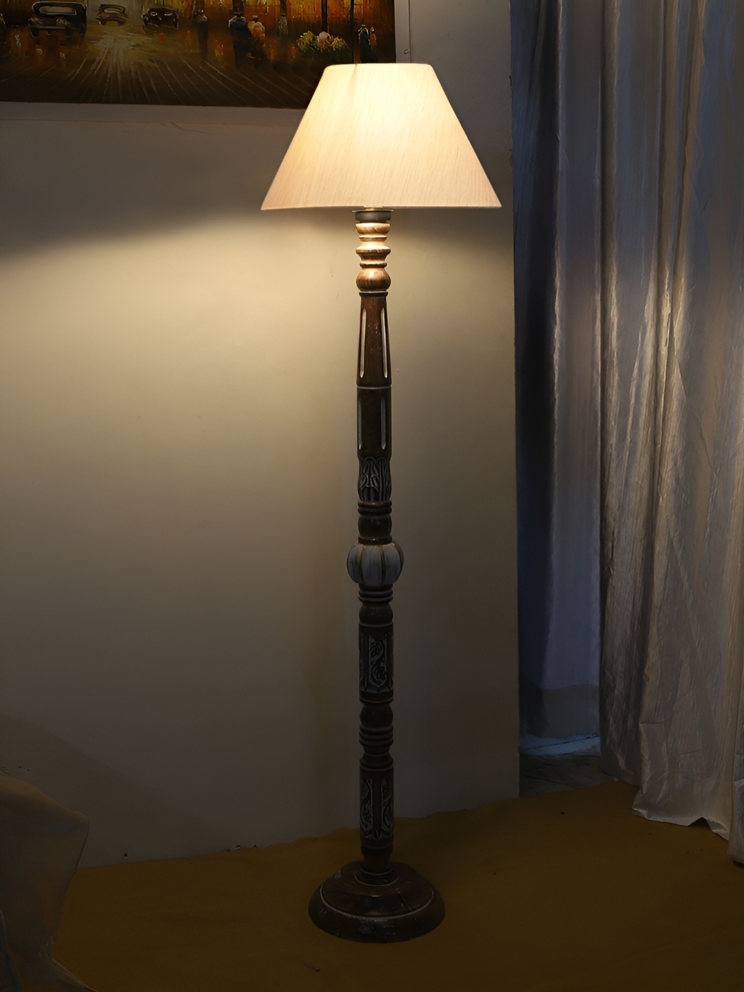 

Devansh White & Brown Conical Open Snake Wooden Floor Lamp, Off white