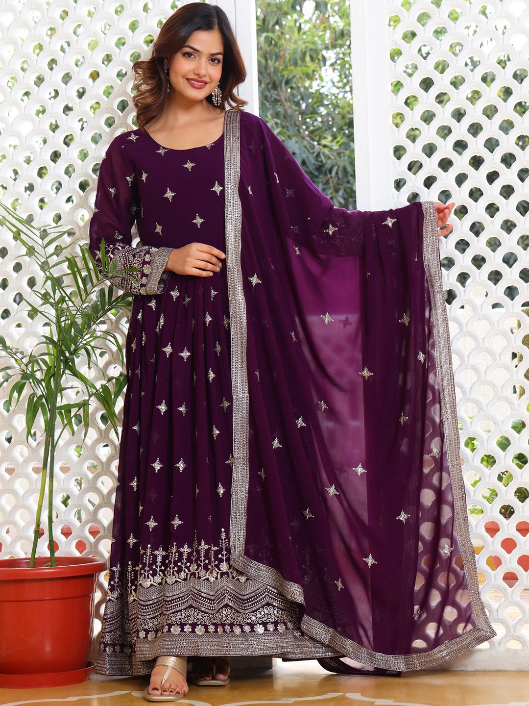 

Wedani Women Floral Embroidered Beads and Stones Kurta with Trousers & With Dupatta, Purple