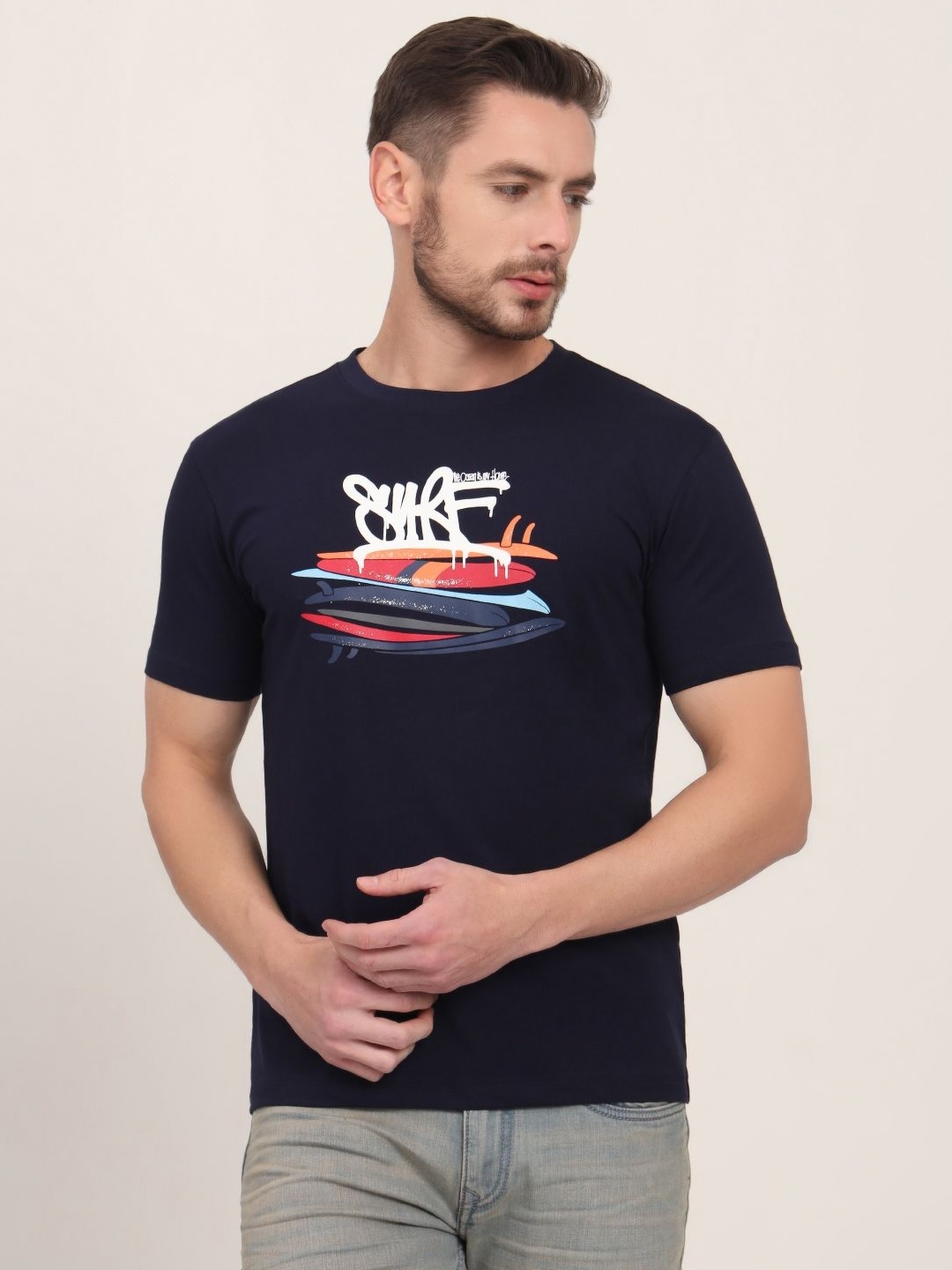

JADE BLUE Men Typography Printed Applique Slim Fit T-shirt, Navy blue