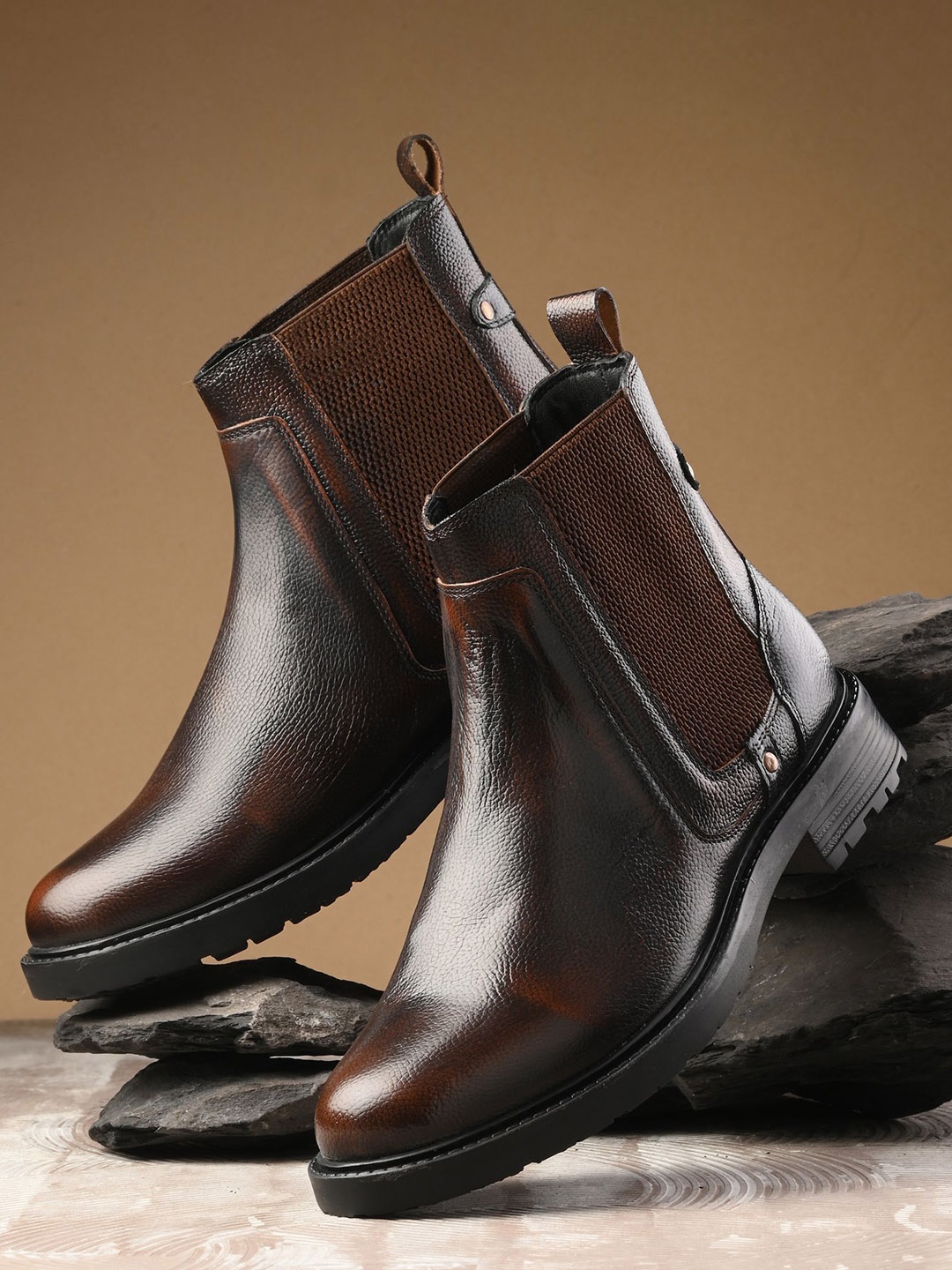 

GALEX Men Leather Textured Chelsea Boots, Brown